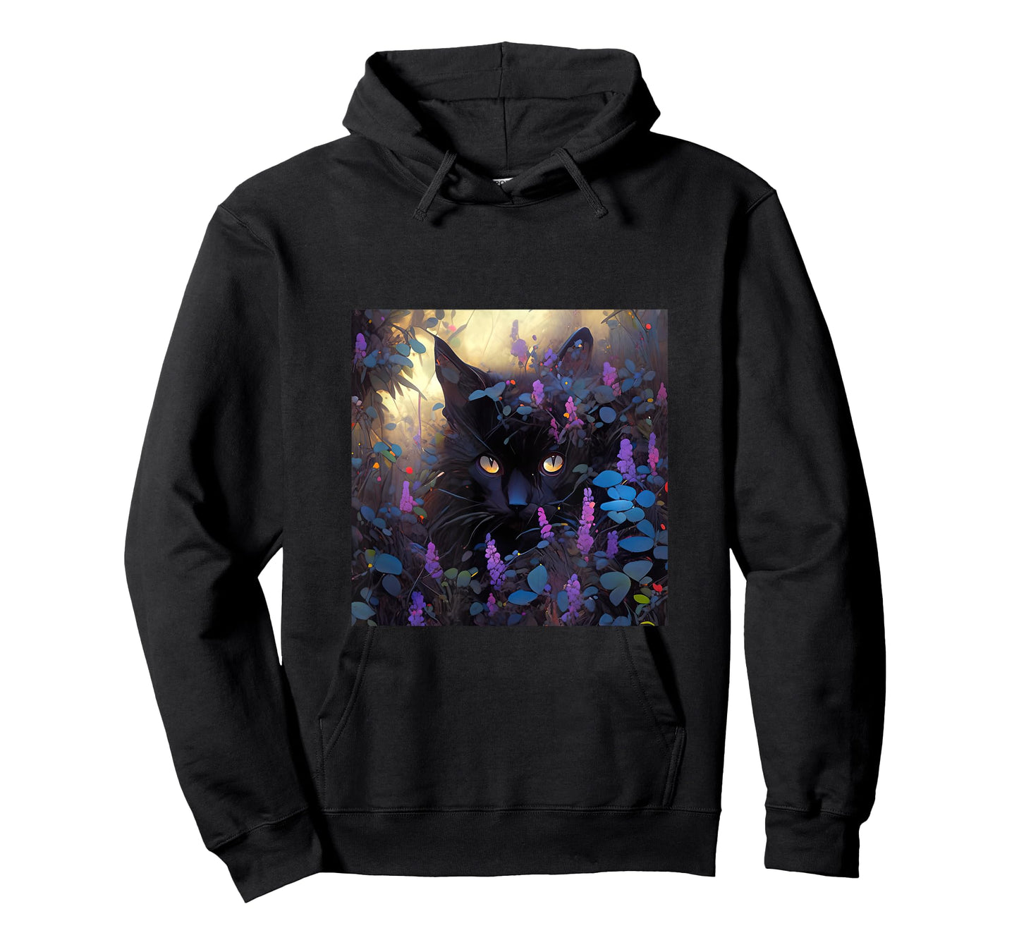 Black Adorable Cat Purple Spring Flowers T-Shirt for Men Women