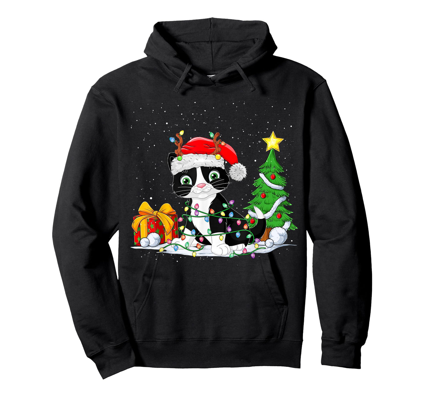 Cute Tuxedo Cat Santa Christmas Tree Lights Xmas Tuxedo Cat T-Shirt