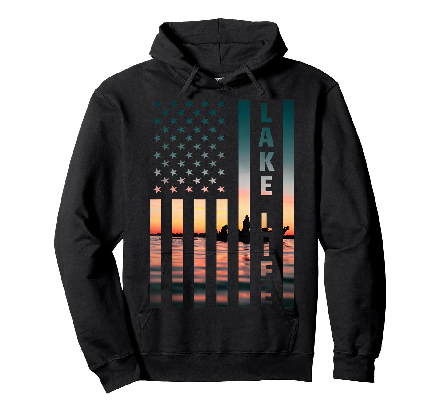 Lake Life Fisherman Sunset American Flag Bass Fishing Boat T-Shirt