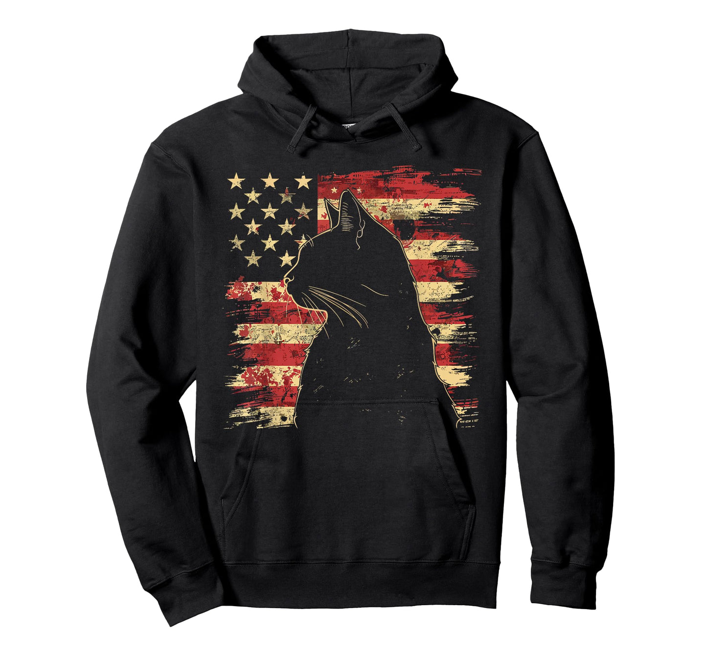 4th of July DESIGNS Unisex-Adult Vintage Patriotic Cat Silhouette Graphic T-Shirt, Black, Small, Short Sleeve