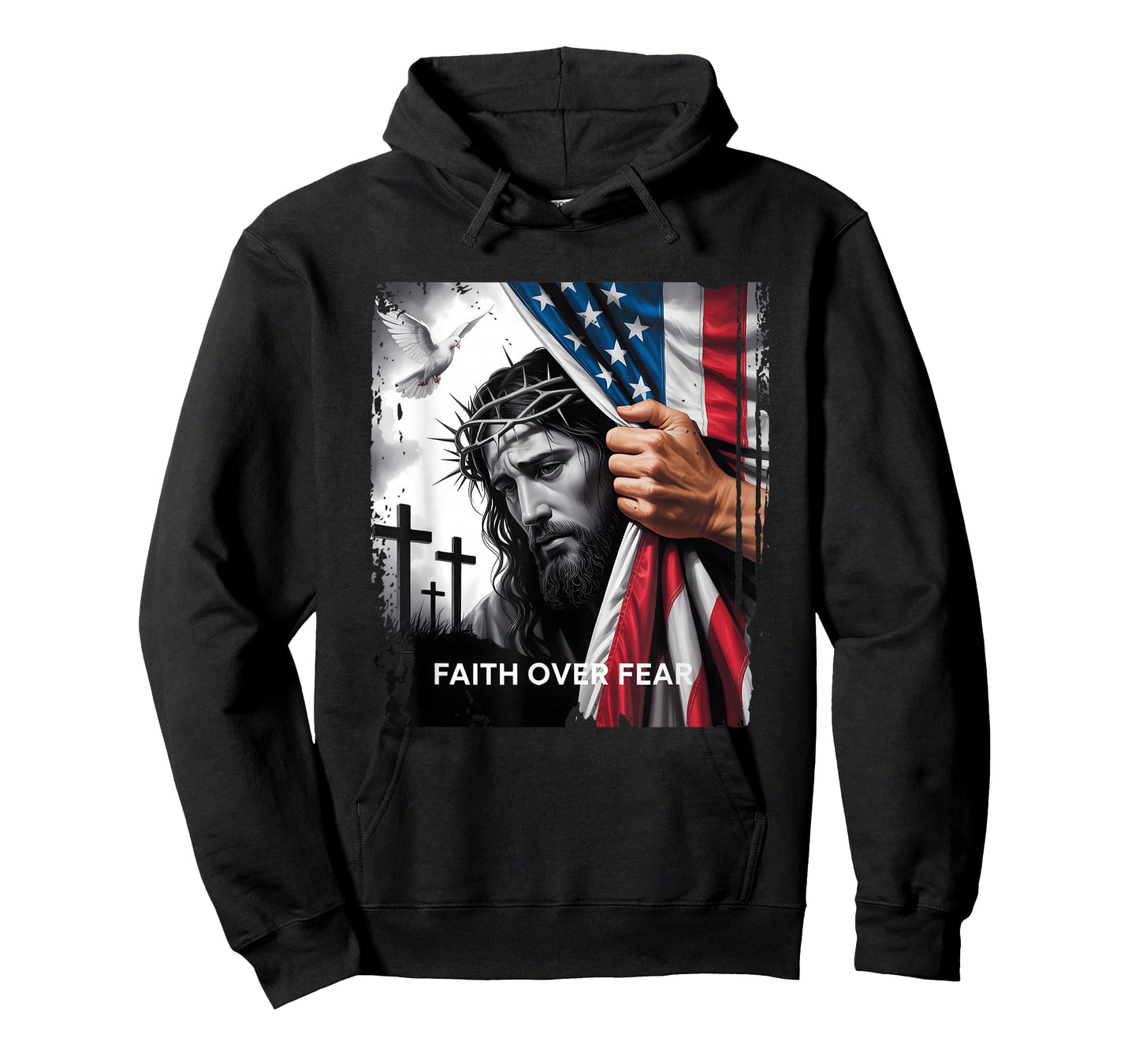 Faith Over Fear Sad Face Of Jesus Christian Usa Flag Patriot T-Shirt