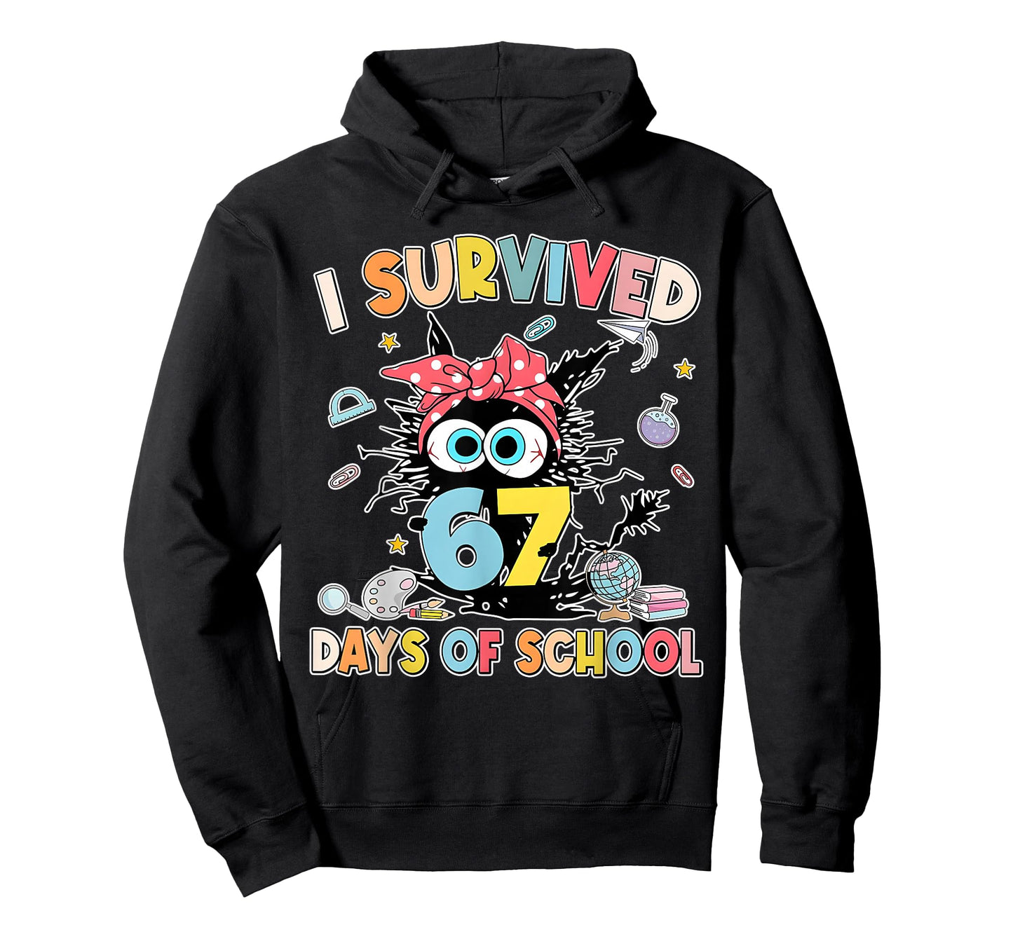 6 7 Meme Kids I Survived 67 Days of School Funny Black Cat T-Shirt