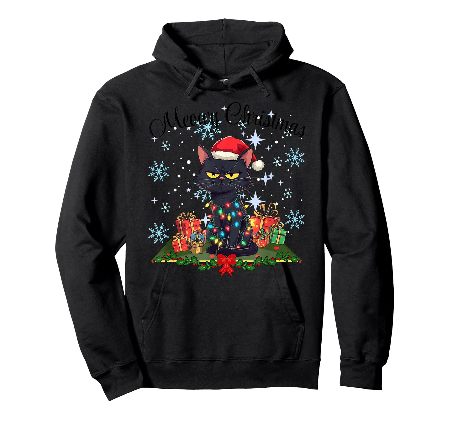 Meowy Christmas Black Cat Santa Hat Wrapped in Lights Fun T-Shirt