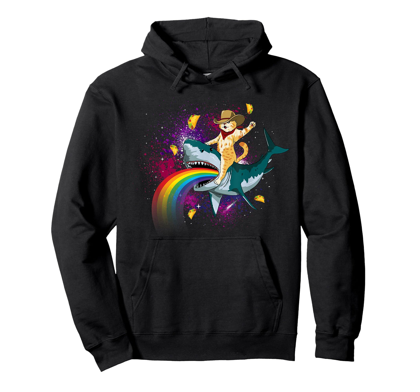 Western Cowboy Cat Riding A Shark In Taco Space Rainbow T-Shirt