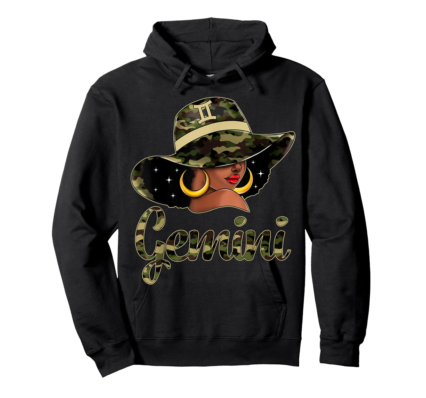 Gemini Queen Black Woman With Hat Camo Afro Woman Zodiac T-Shirt