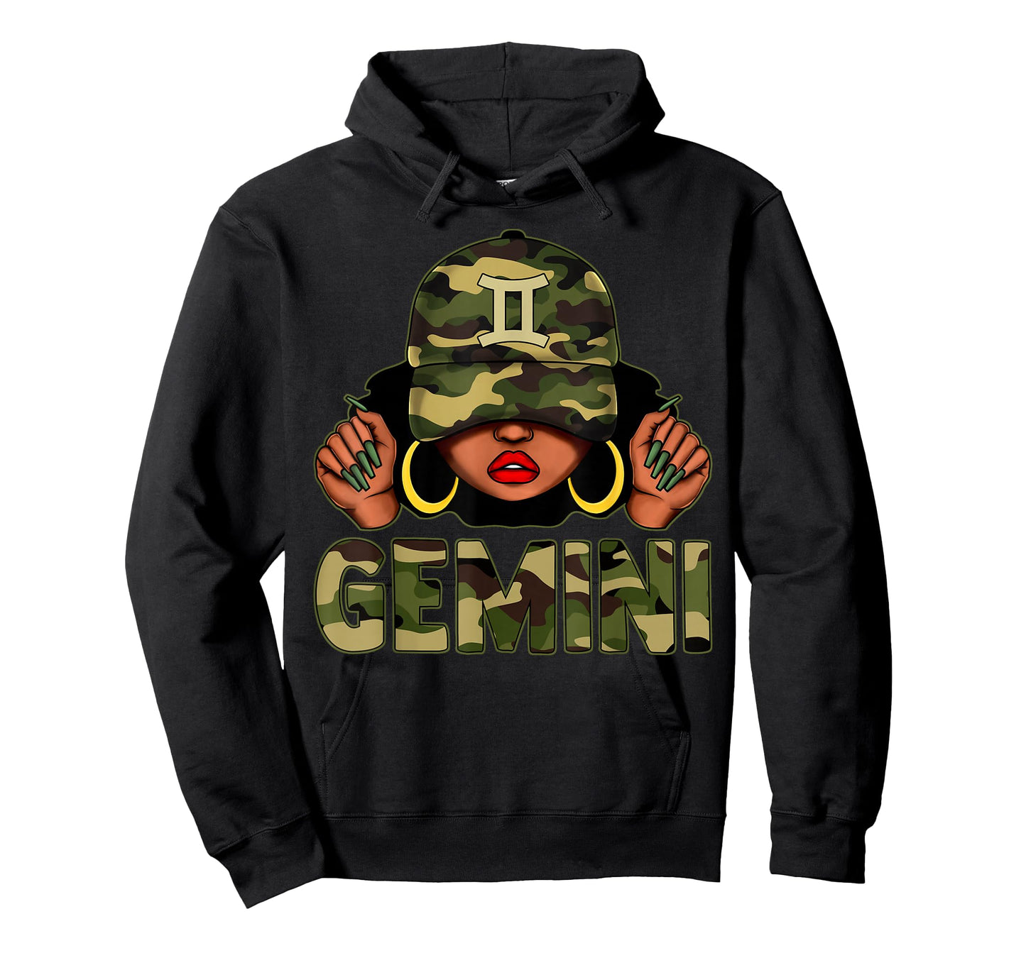 Gemini Queen Black Woman With Cap Camo Afro Girl Zodiac T-Shirt