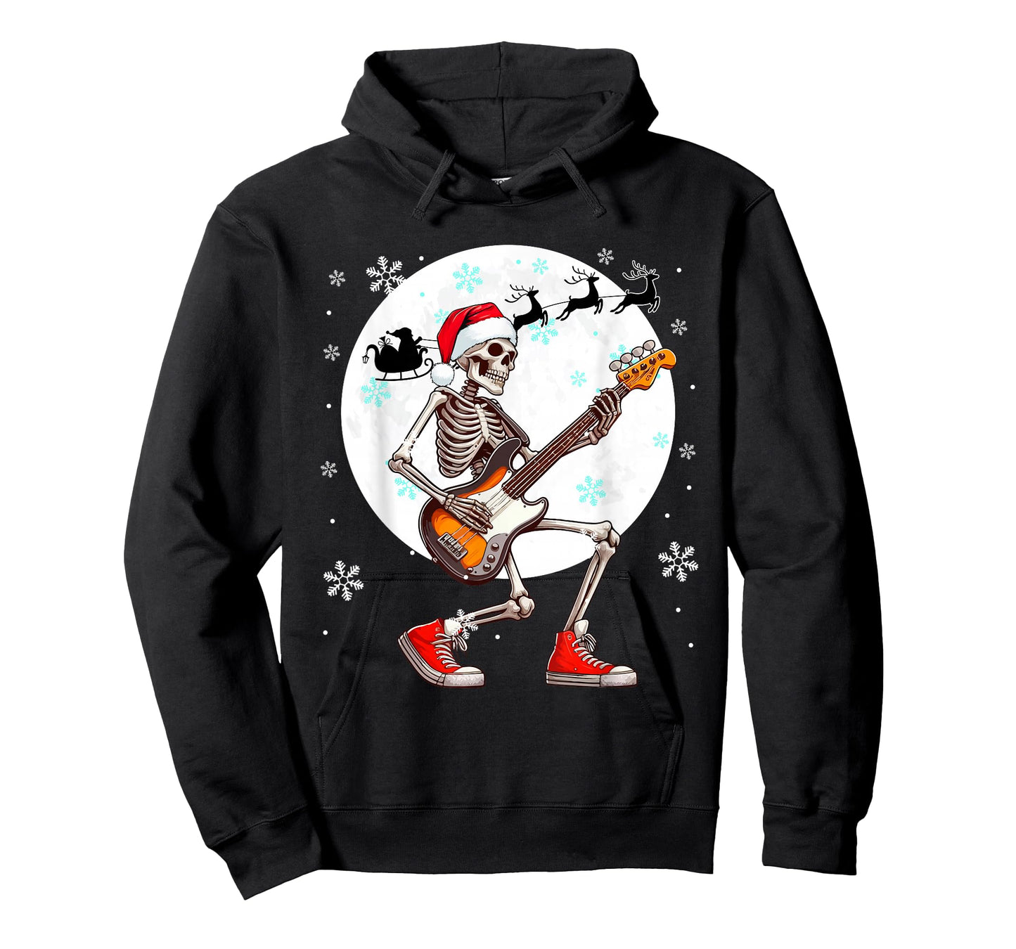 Christmas Santa Skeletons Playing Guitar Bass Guitarist T-Shirt