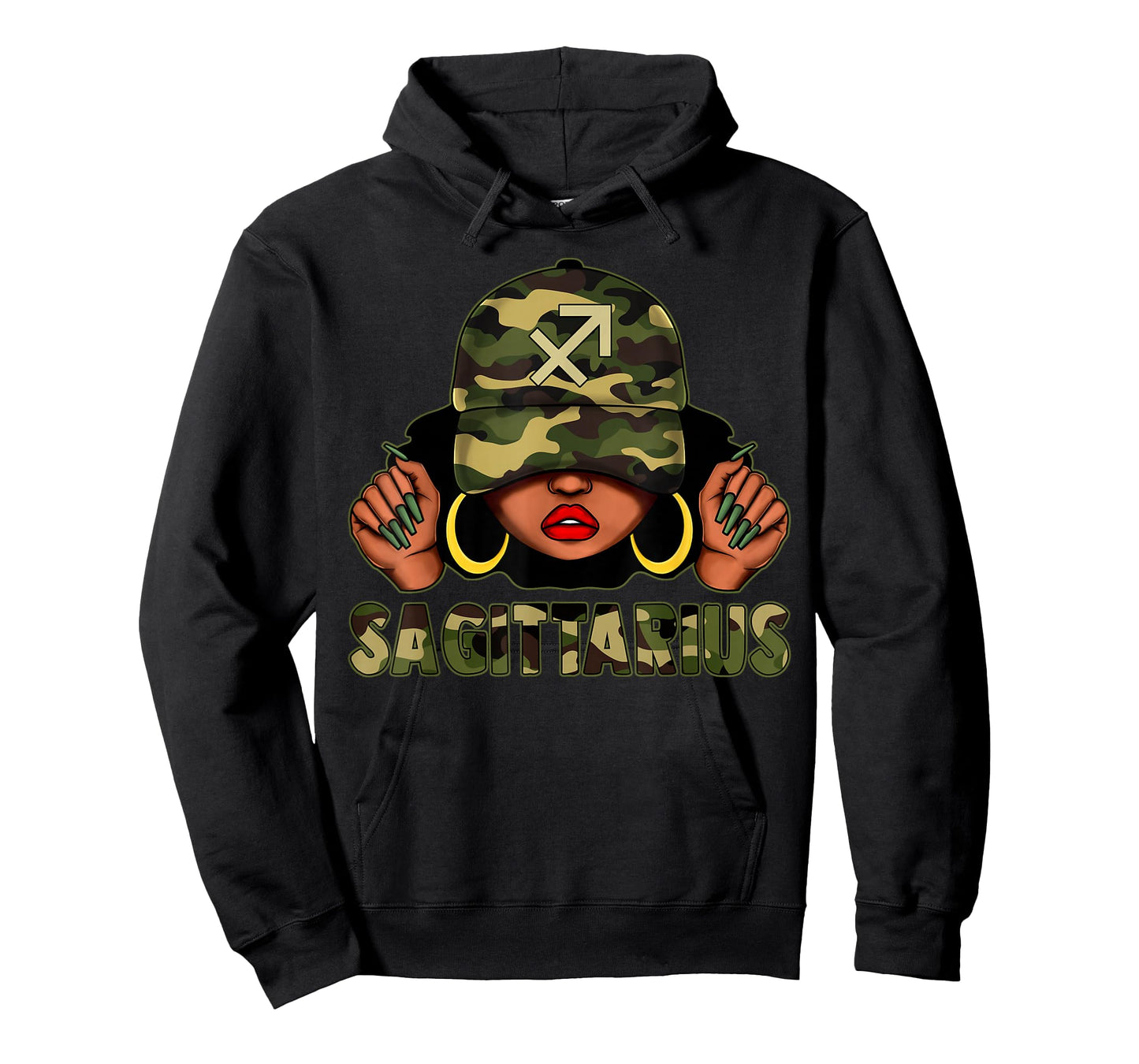 Sagittarius Queen Black Woman with Cap Camo Afro Girl Zodiac T-Shirt