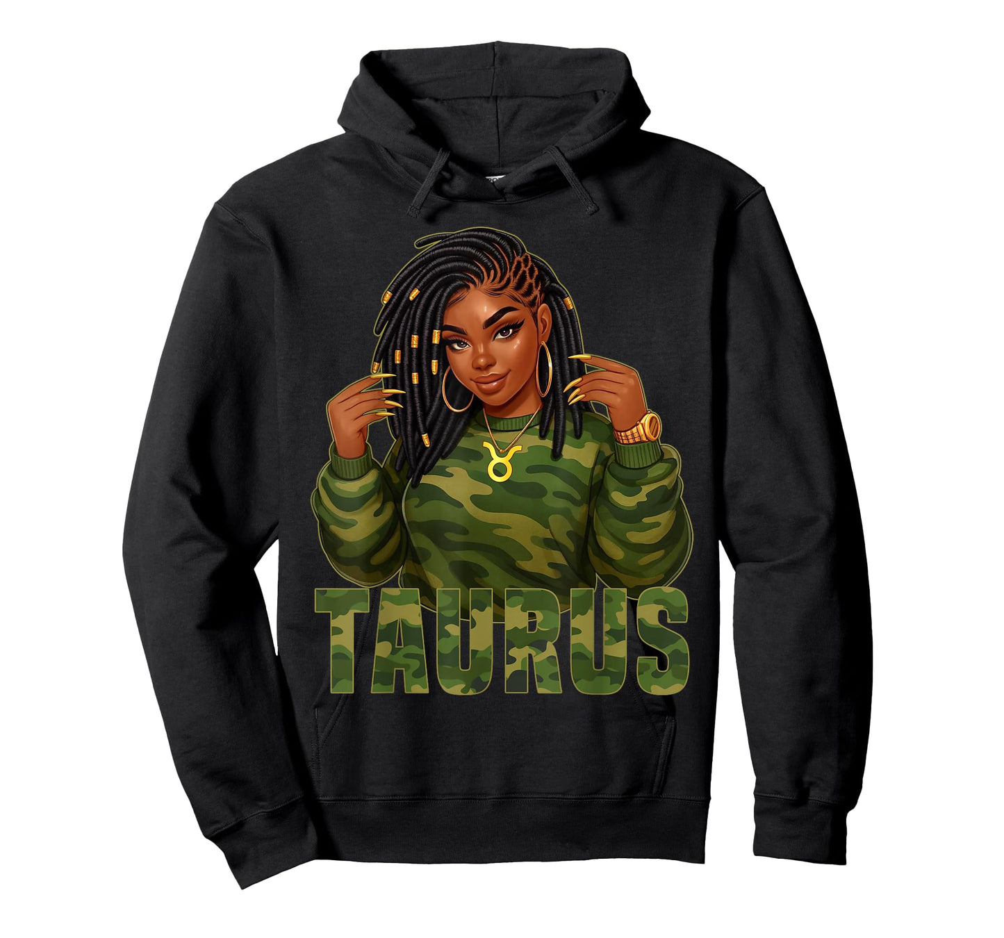 Taurus Queen Loc'd Black Woman Camo Zodiac Sign T-Shirt