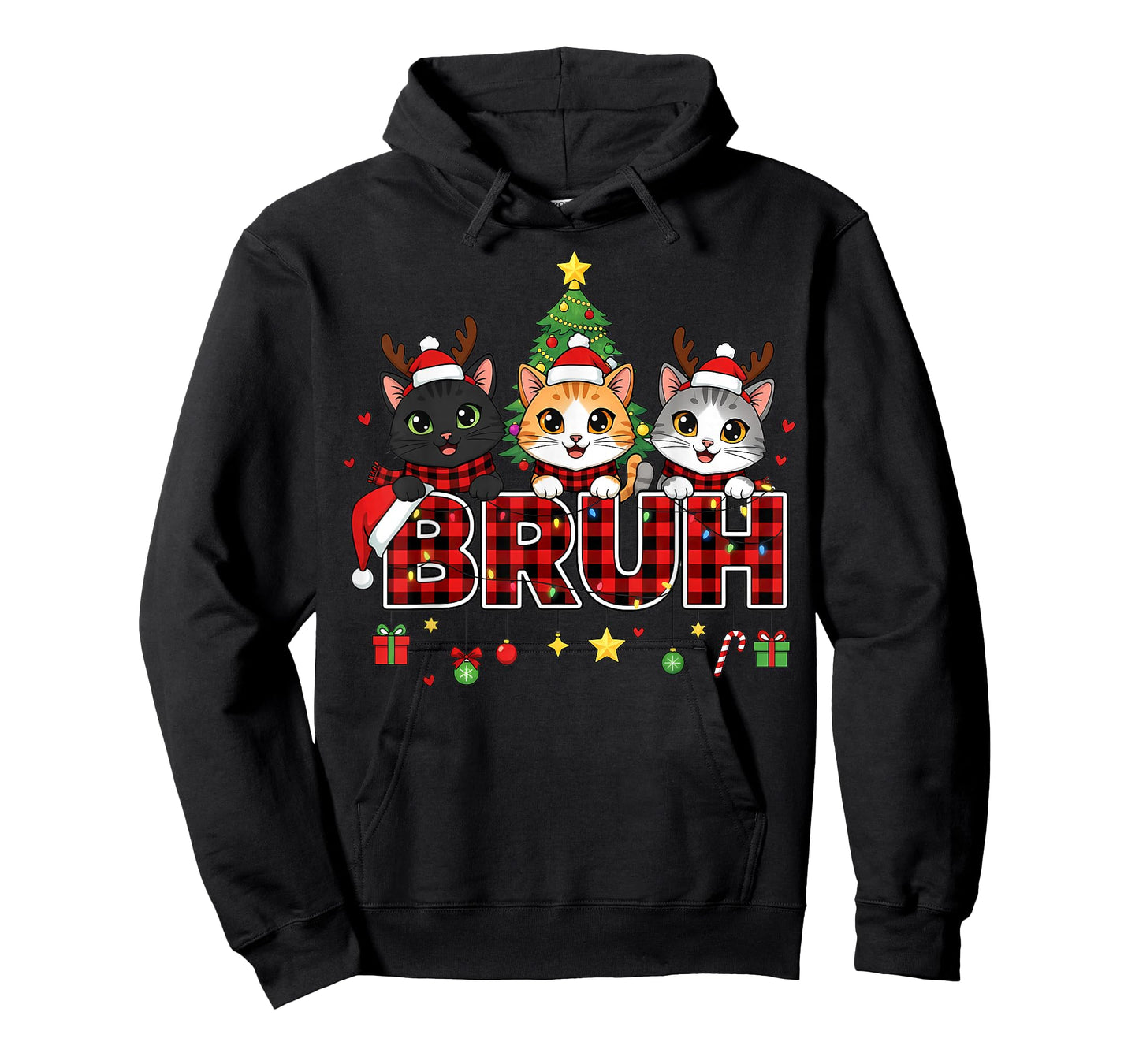 Cat Christmas Light Reindeer Santa Bruh Funny T-Shirt