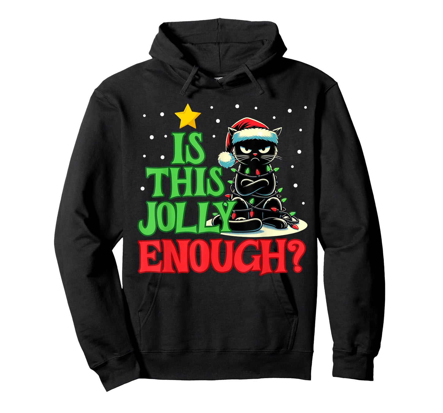 Is This Jolly Enough Funny Black Cat Christmas Tree Lights Men Women Kids T-Shirt