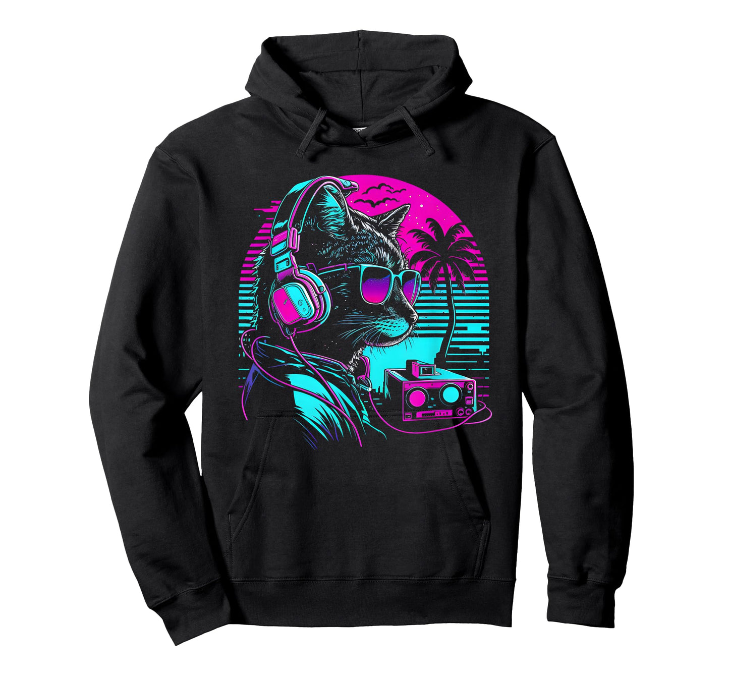 House DJ Cat 80s 90s Kitten Sunset Rainbow DJ Cat Kitty T-Shirt