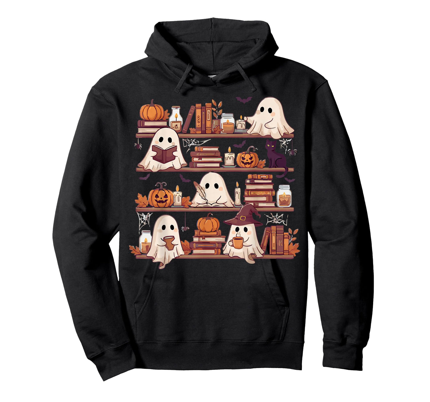 Retro Ghosts Reading Book Halloween Bookshelf Spooky Library T-Shirt