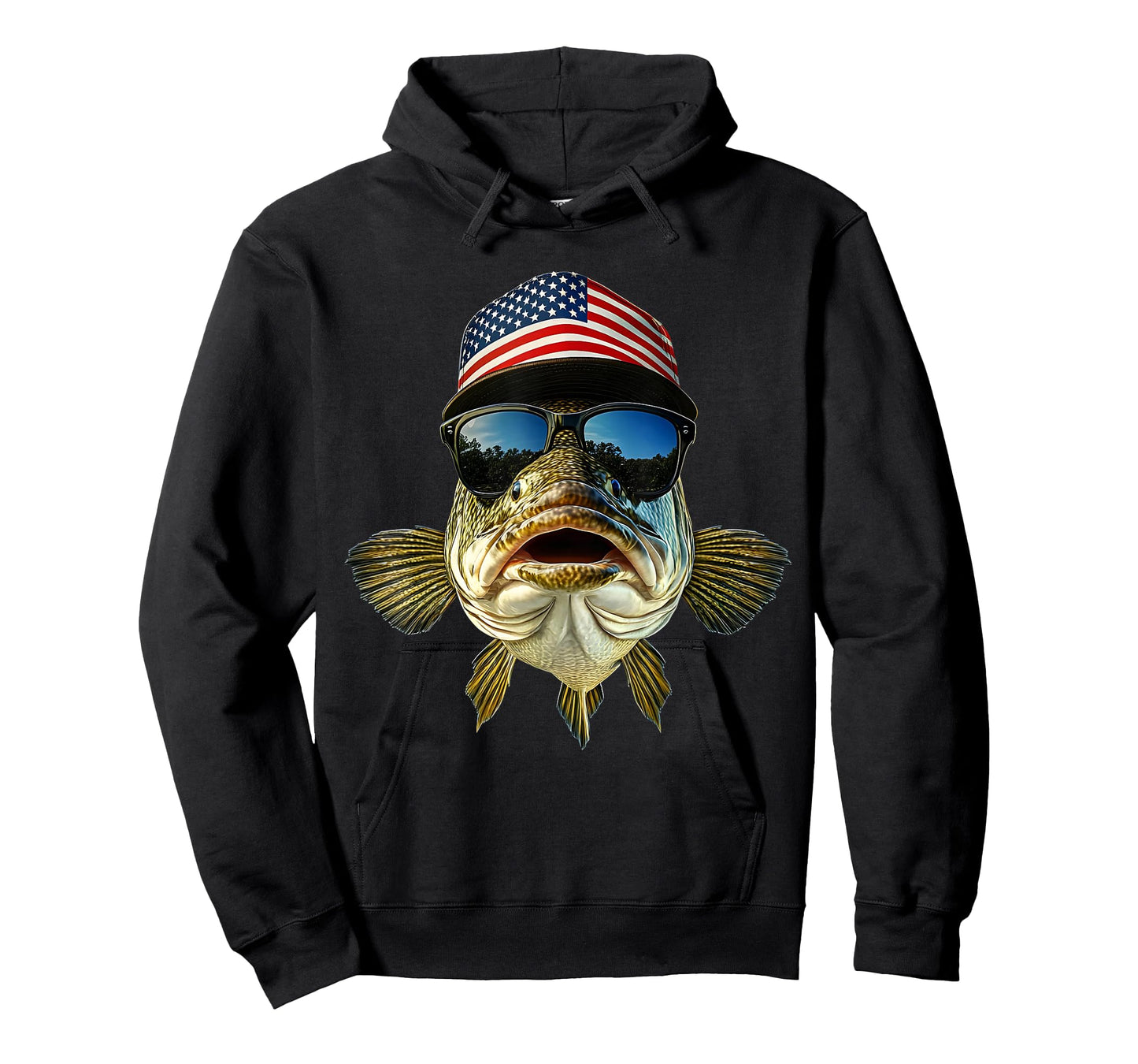 Bass Fishing Outfit USA Flag America Cap and Sunglasses T-Shirt