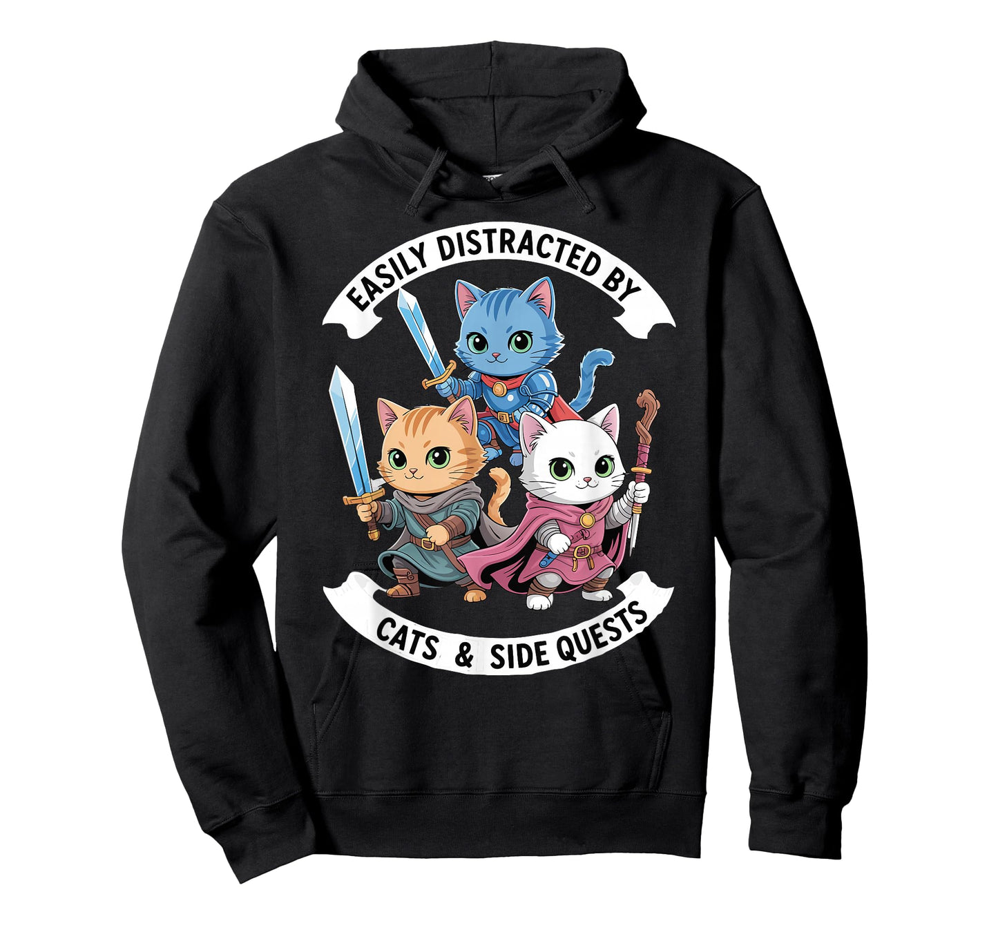 Easily Distracted by Cats & Side Quests Funny Cat Gamer RPG T-Shirt