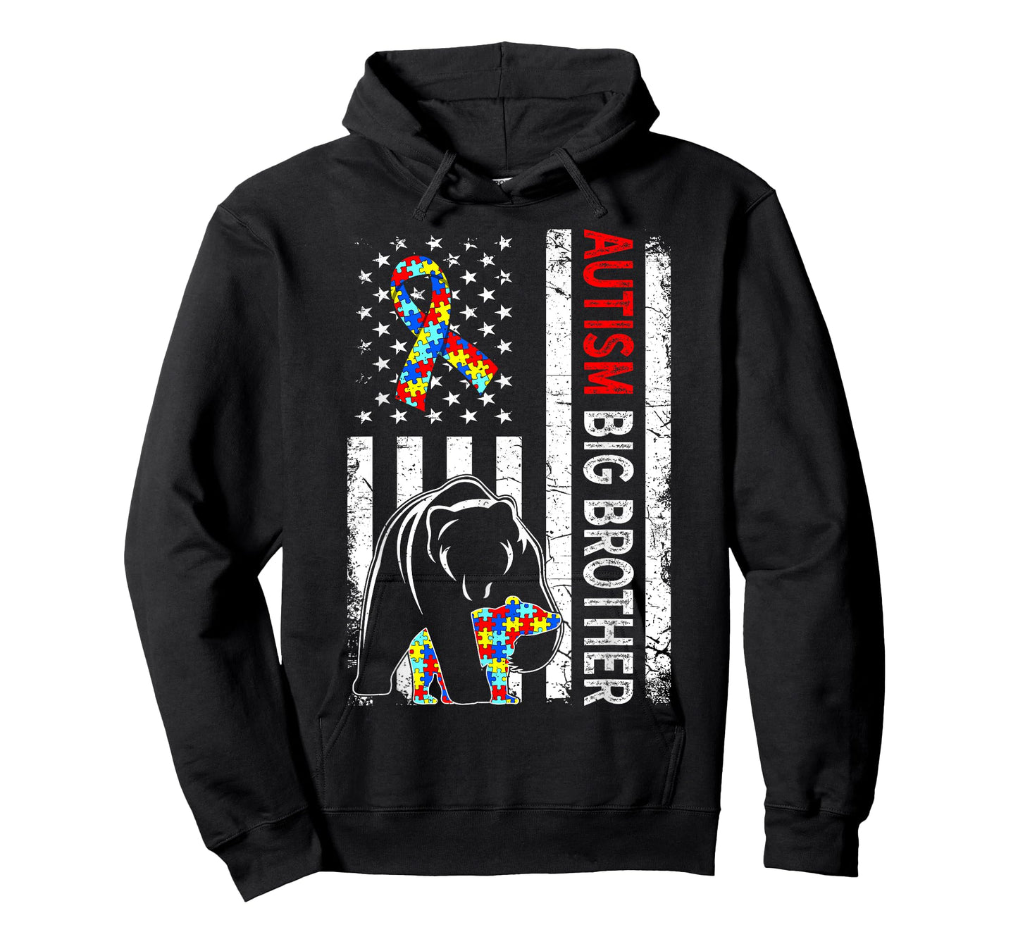 Distressed American Flag Autism Big Brother Bear Awareness T-Shirt for Women Kids Men
