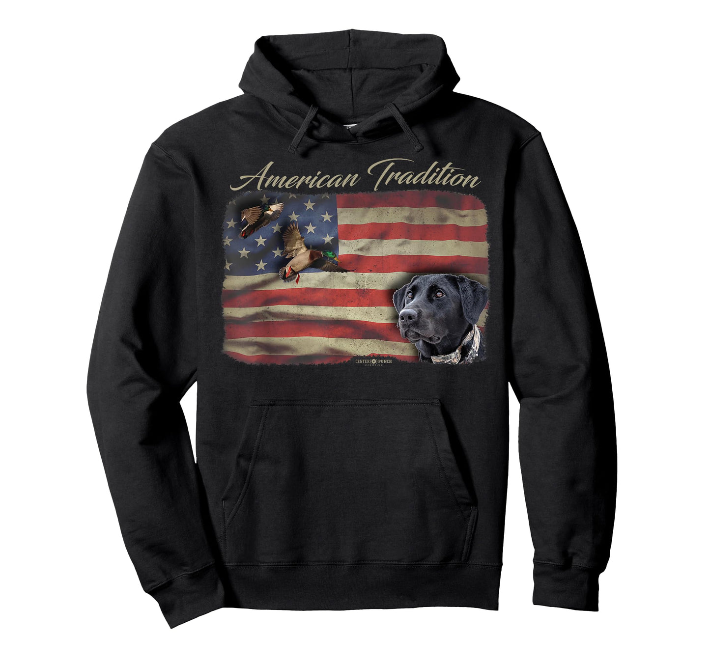 American Tradition Waterfowl Duck Hunting Dog Black Lab Flag Men Women Kids T-Shirt