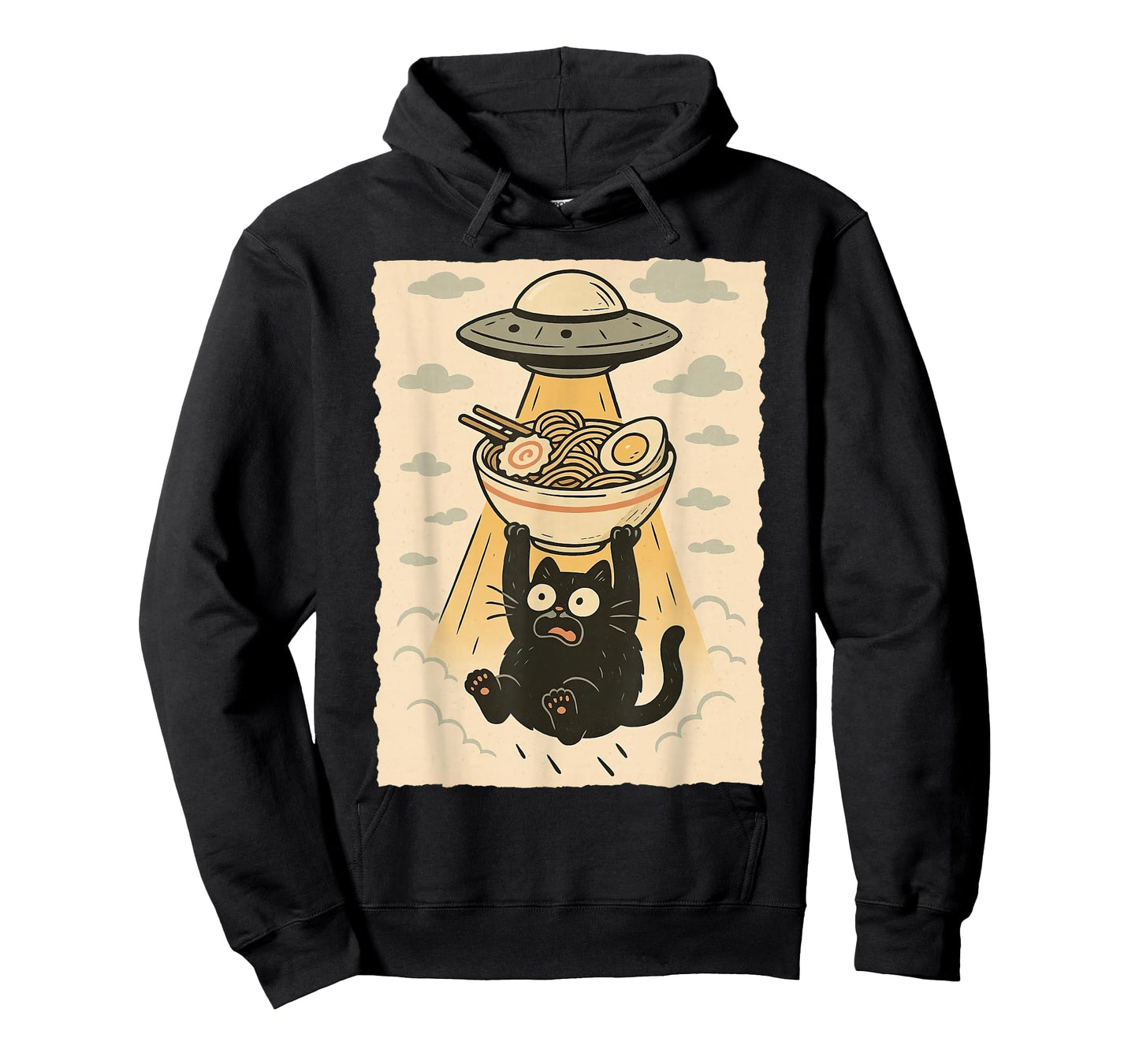 Funny Black Cat UFO Ramen Alien Abduction Graphic Tee Anime T-Shirt