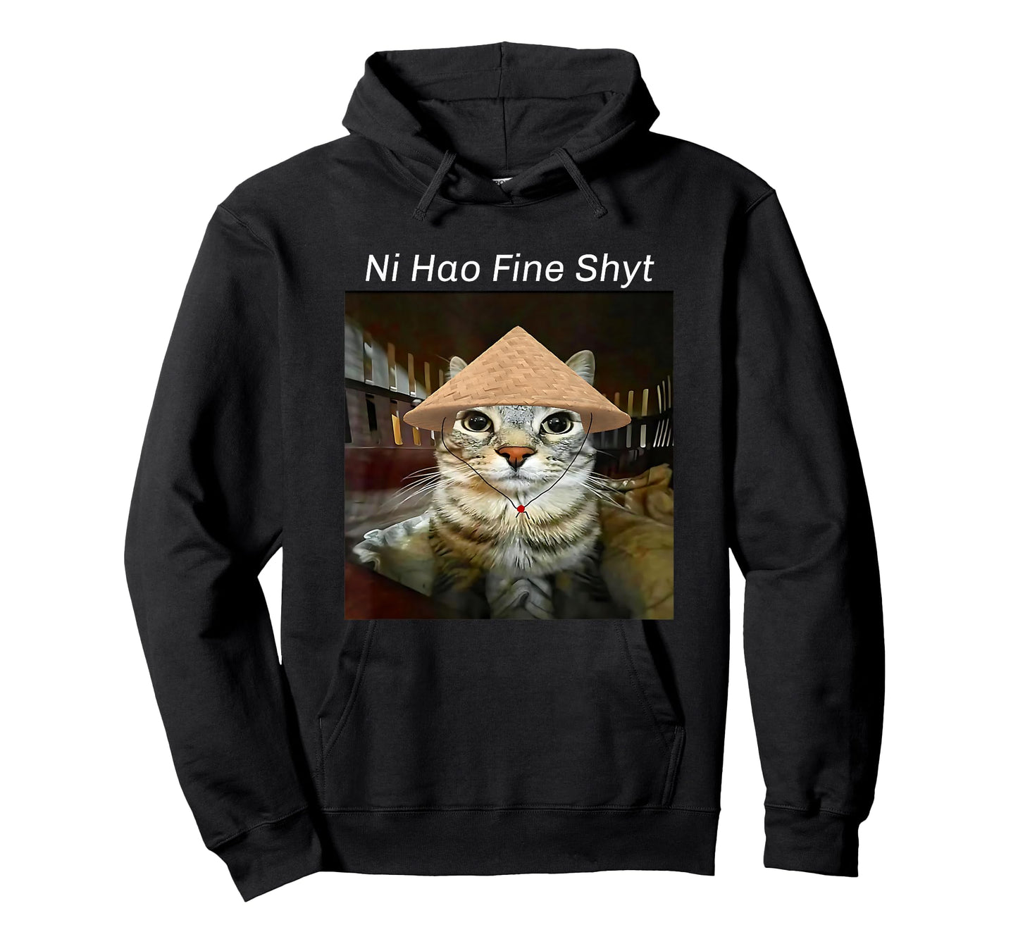 Ni Hao Fine Shyt Funny Silly Cat Meme Brain Red Staring Cat T-Shirt