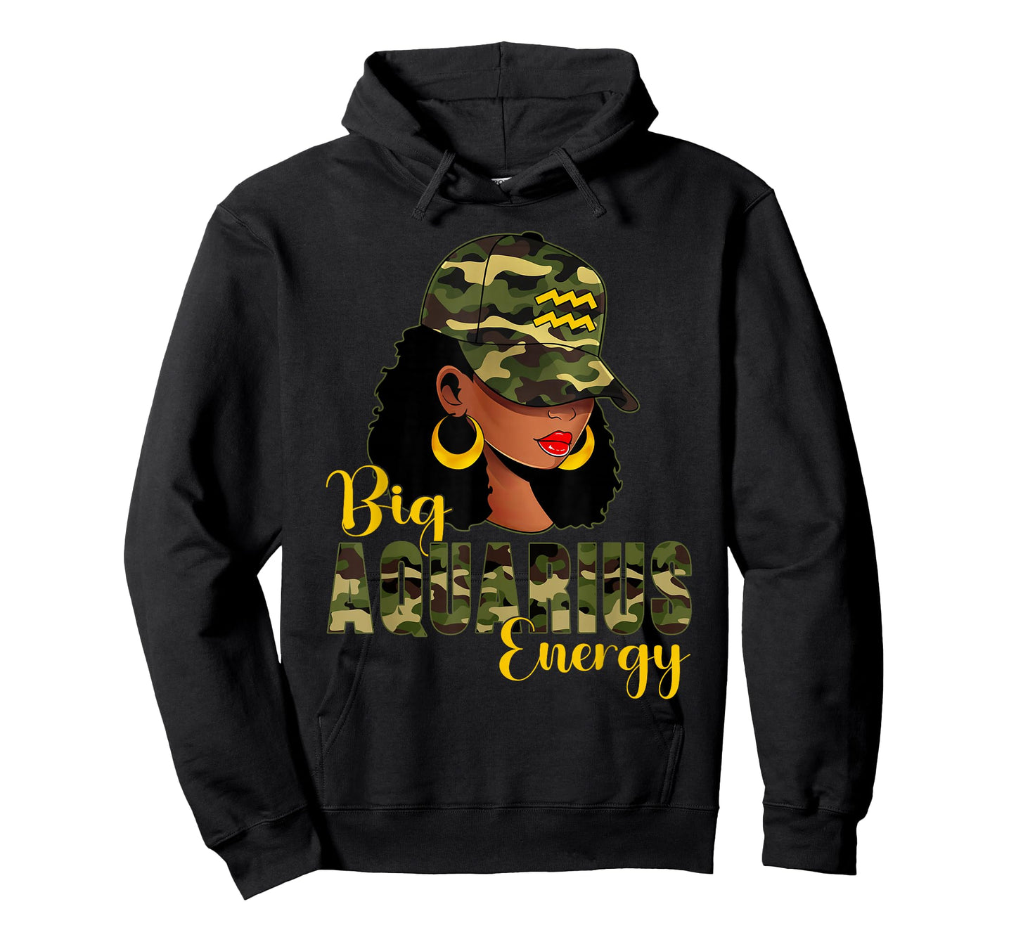 Big Aquarius Energy Camouflage Black Woman Cap Zodiac T-Shirt