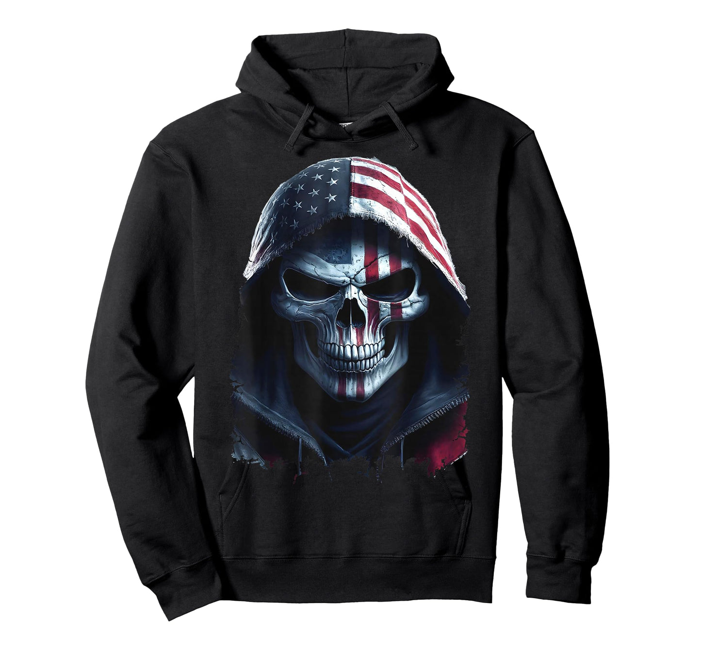 American Flag Skull Art Grim Reaper with USA Flag Hood T-Shirt