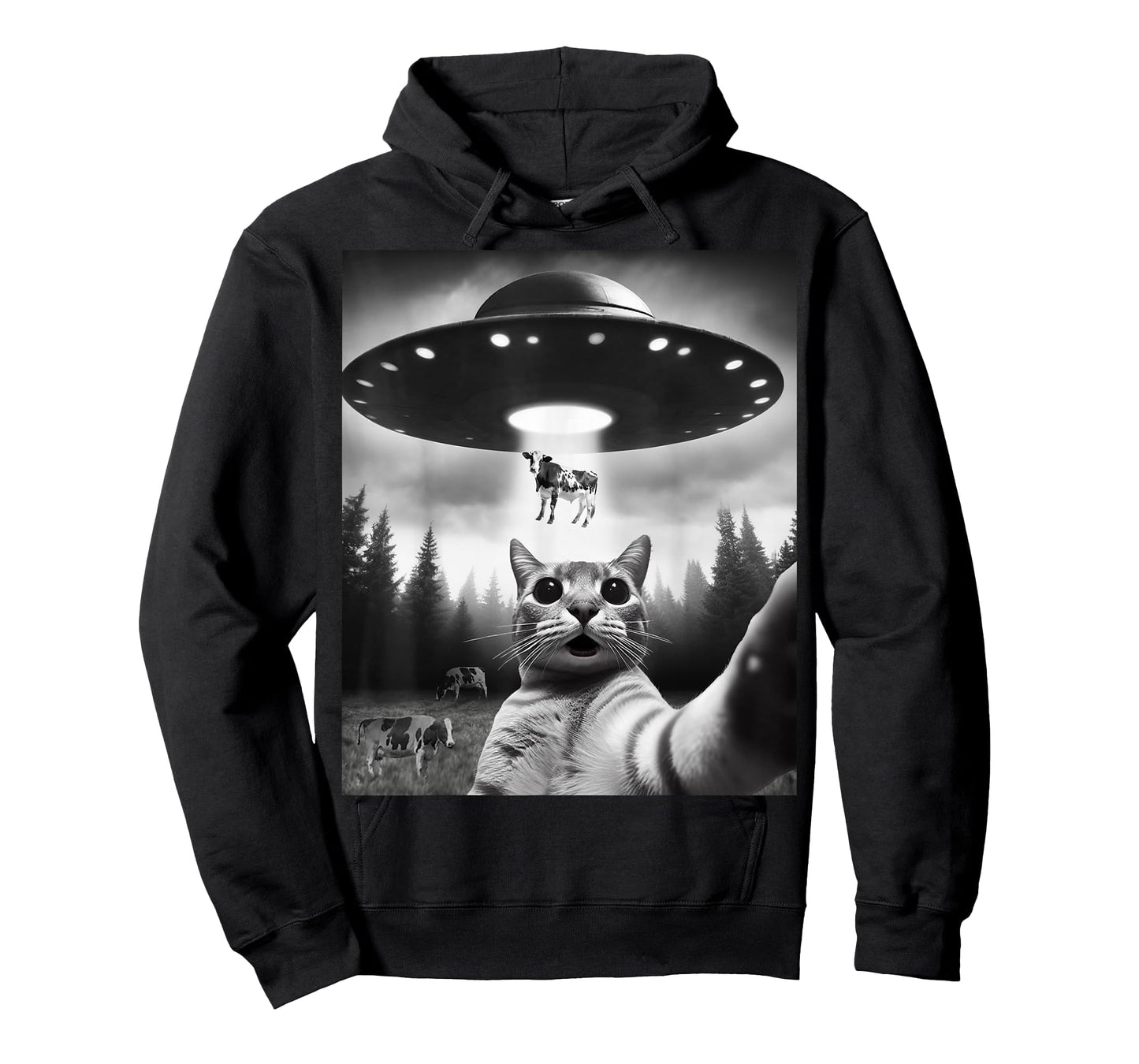 Funny Cat Selfie Flying Alien UFO Abducting Cow Cryptid Men Women Girls Kids T-Shirt