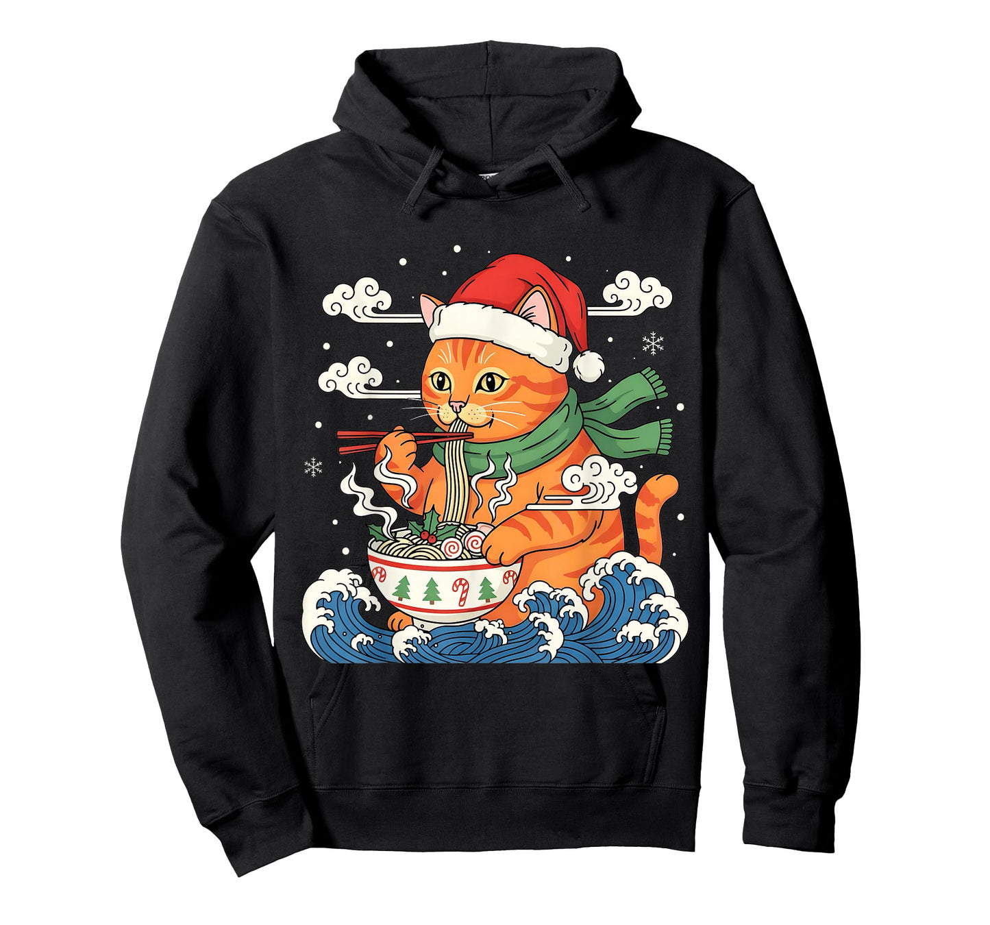 Funny Christmas Ramen Cat Eating Noodles Japanese Kawaii Cat T-Shirt