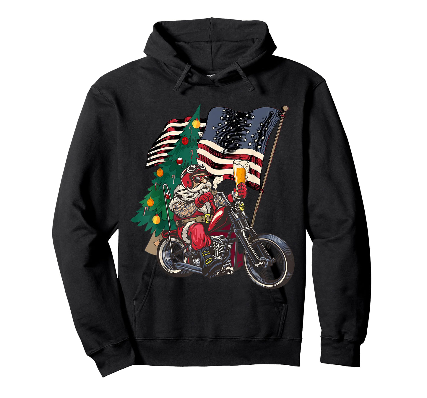 Santa Riding Motorcycle on Christmas - Biker US Flag T-Shirt