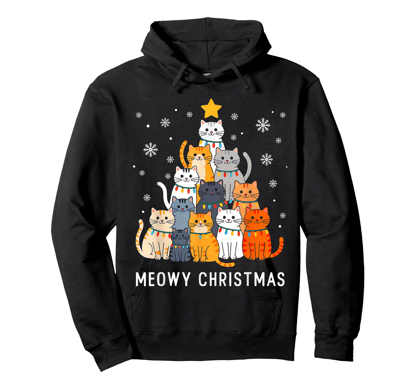 Cute Cat Meowy Christmas Tree Lights Santa Hat Xmas Pajamas T-Shirt