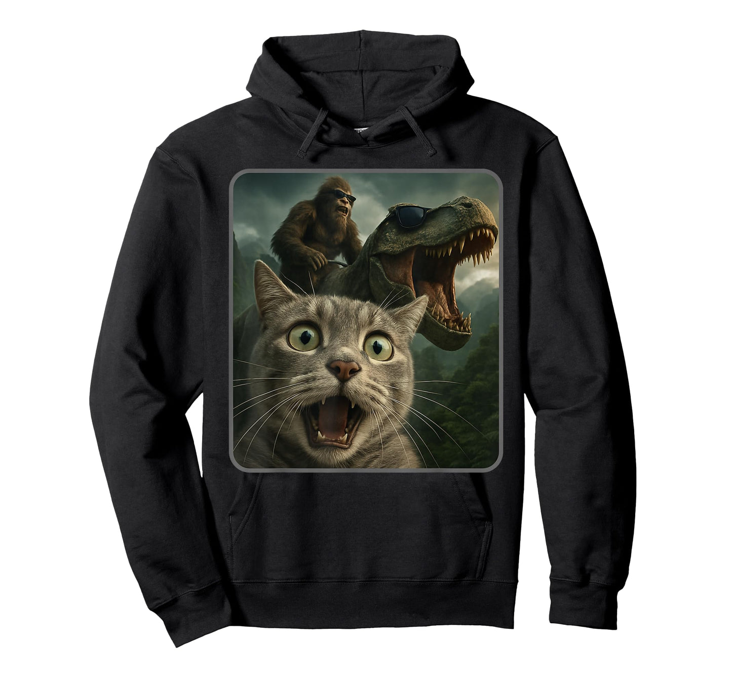 Funny Cat Selfie with Bigfoot Riding T-Rex Meme T-Shirt