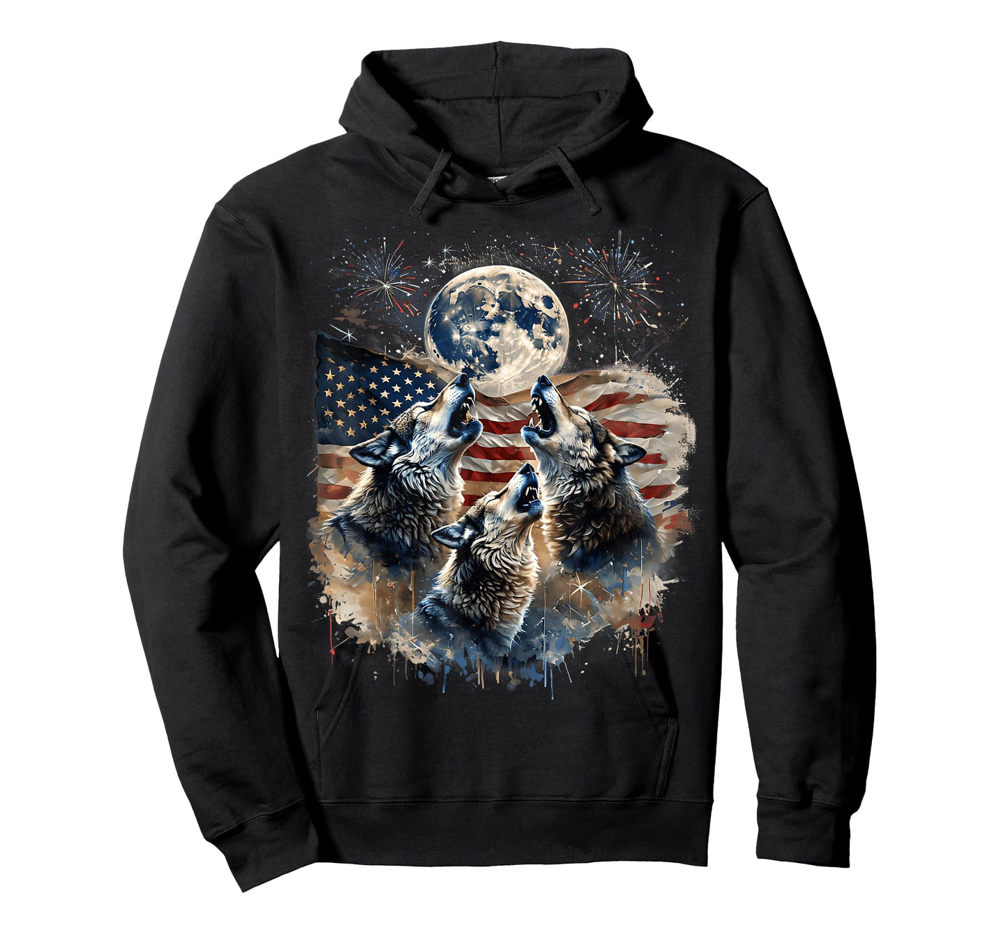 Wolf 4th of July Howling Wolves Under Moon American Flag T-Shirt