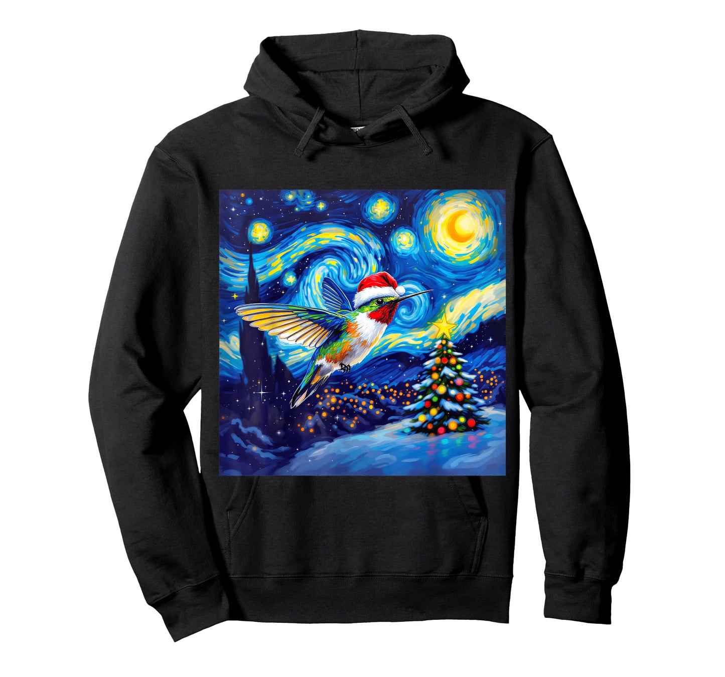 Christmas Hummingbird Santa Hat Van Gogh Starry Night T-Shirt