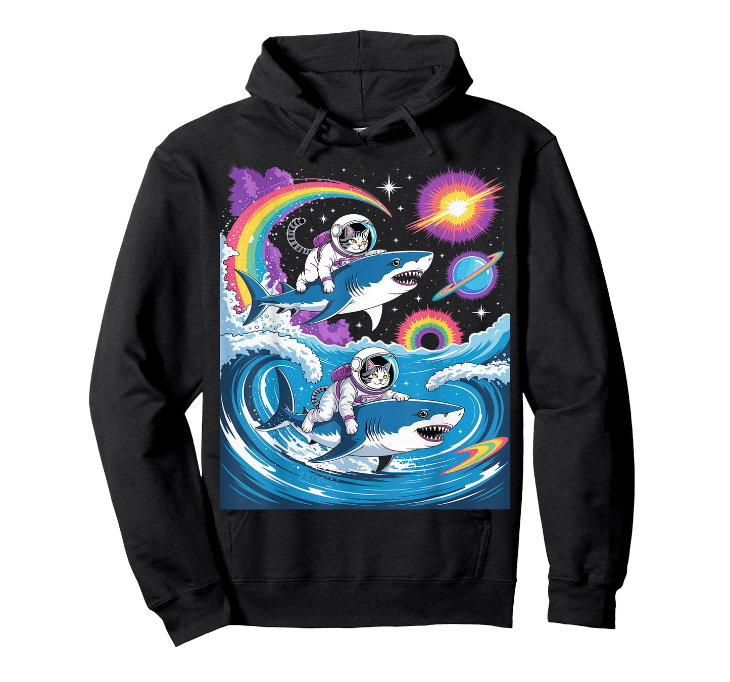 Cats Riding Sharks in Space Funny Galaxy Rainbow Tee T-Shirt