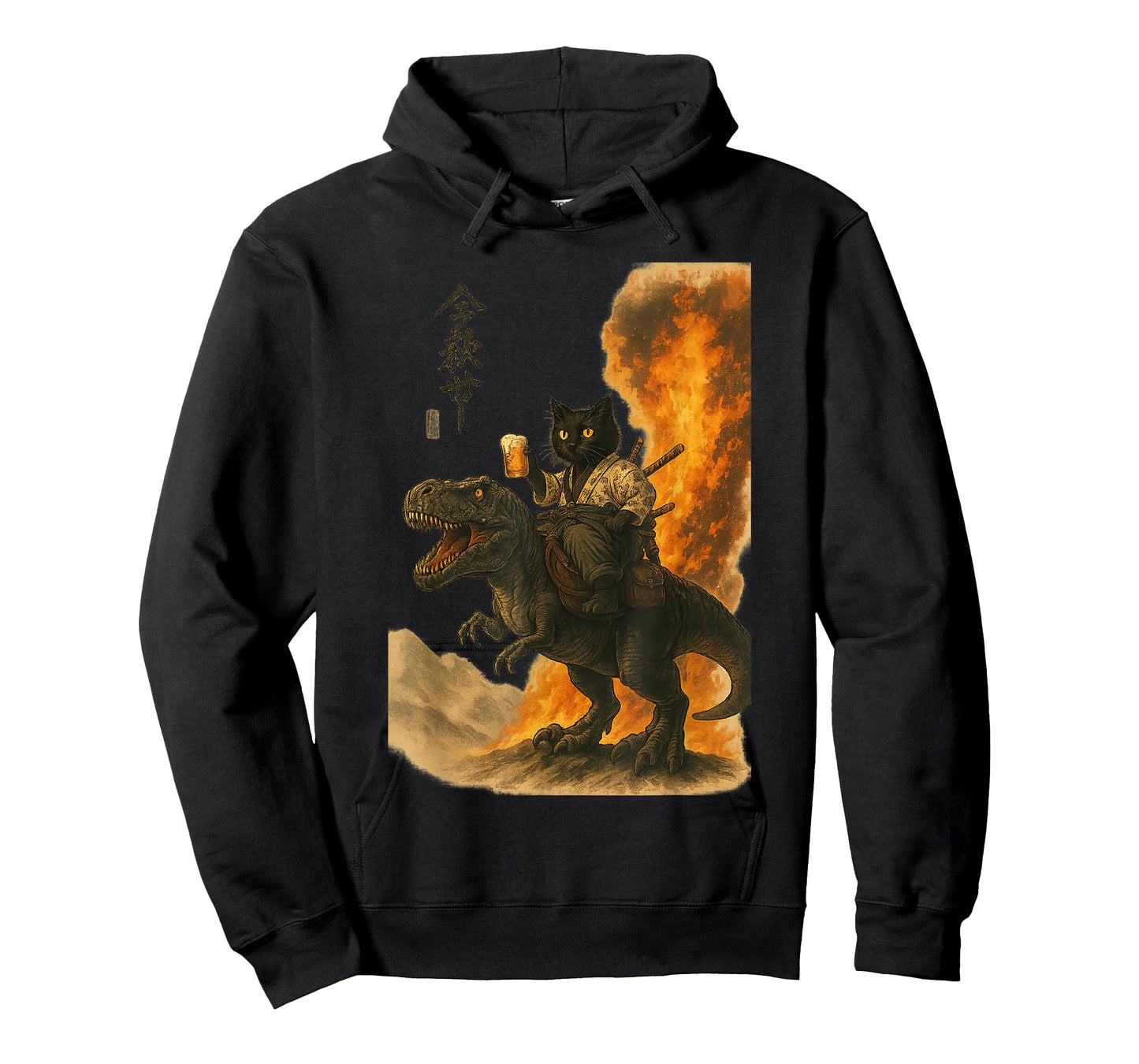 Black Cat Samurai Dinosaur Sea Wave Print T-Shirt