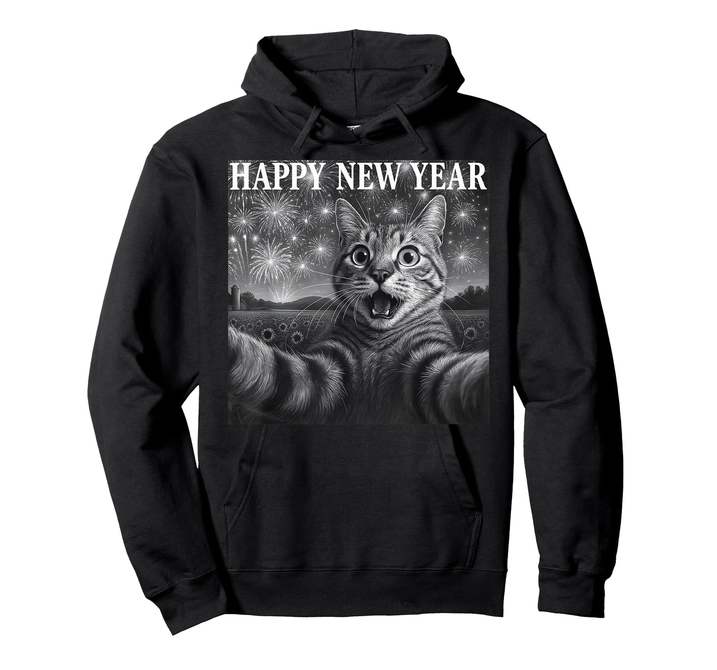 Cat Selfie with Firework Funny Cat Happy New Year Men Women T-Shirt