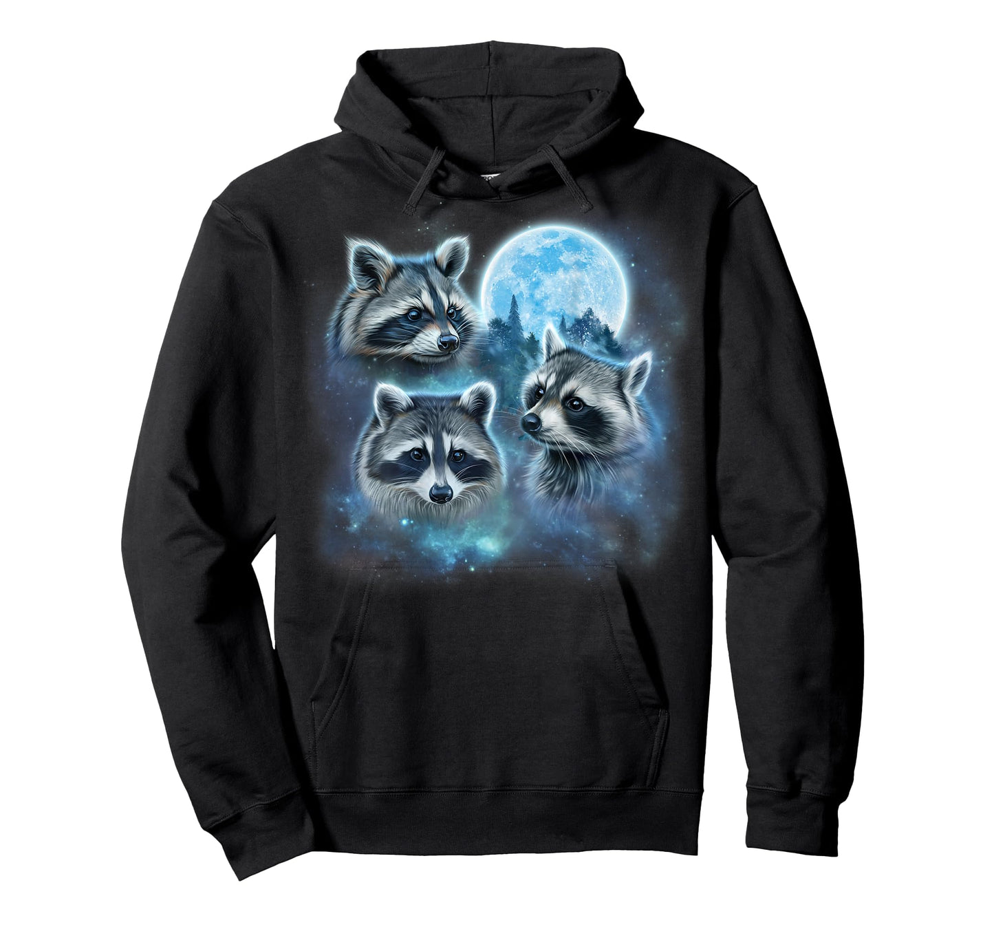 Three Raccoons Engulfed in Galaxy Clouds Under Icy Moon T-Shirt