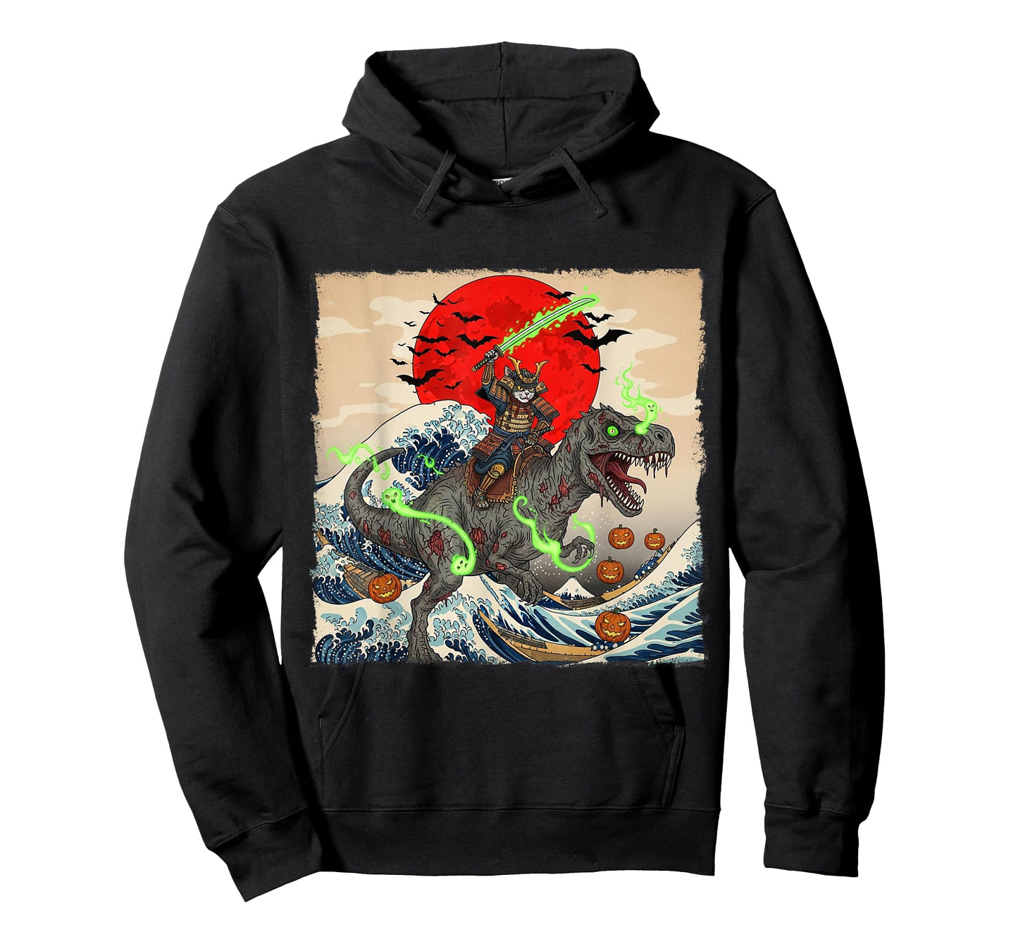 Samurai Cat vs Zombie Dinosaur Spooky Ukiyo-e Halloween Tee T-Shirt