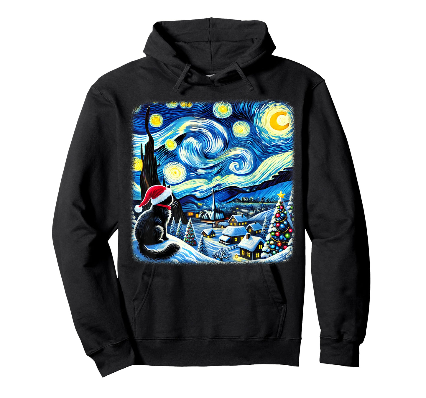 Christmas Van Gogh Starry Night Black Cat Santa Hat Xmas T-Shirt for Men Women Kids