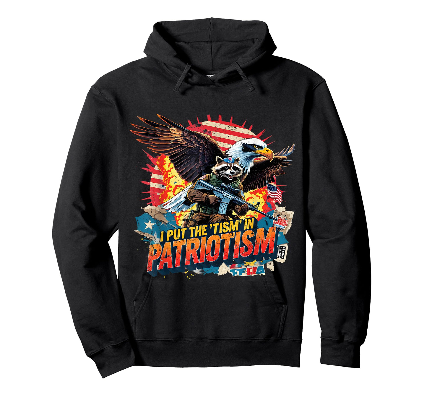 I Put The Tism in Patriotism Funny USA Patriotic Raccoon T-Shirt