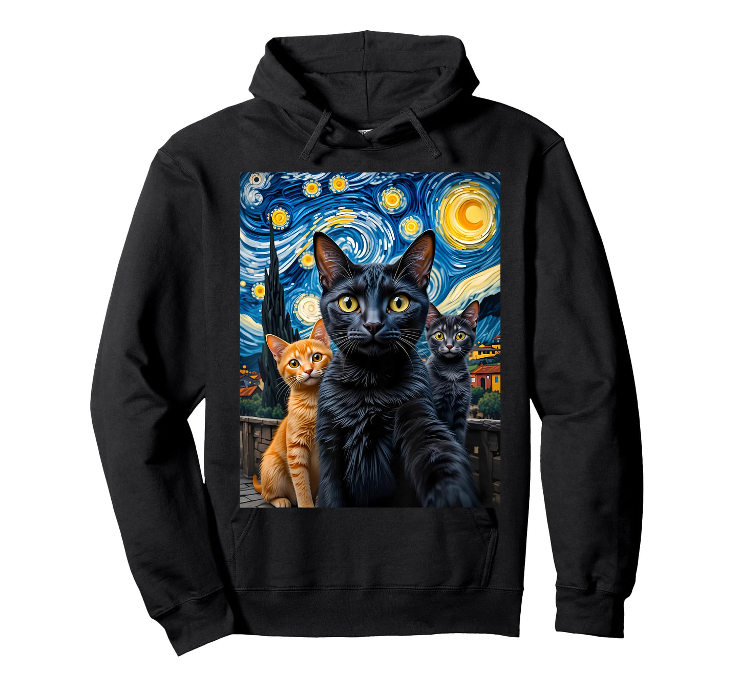 Cat Selfie Van Gogh Funny Black Cat Starry Night Men Women T-Shirt