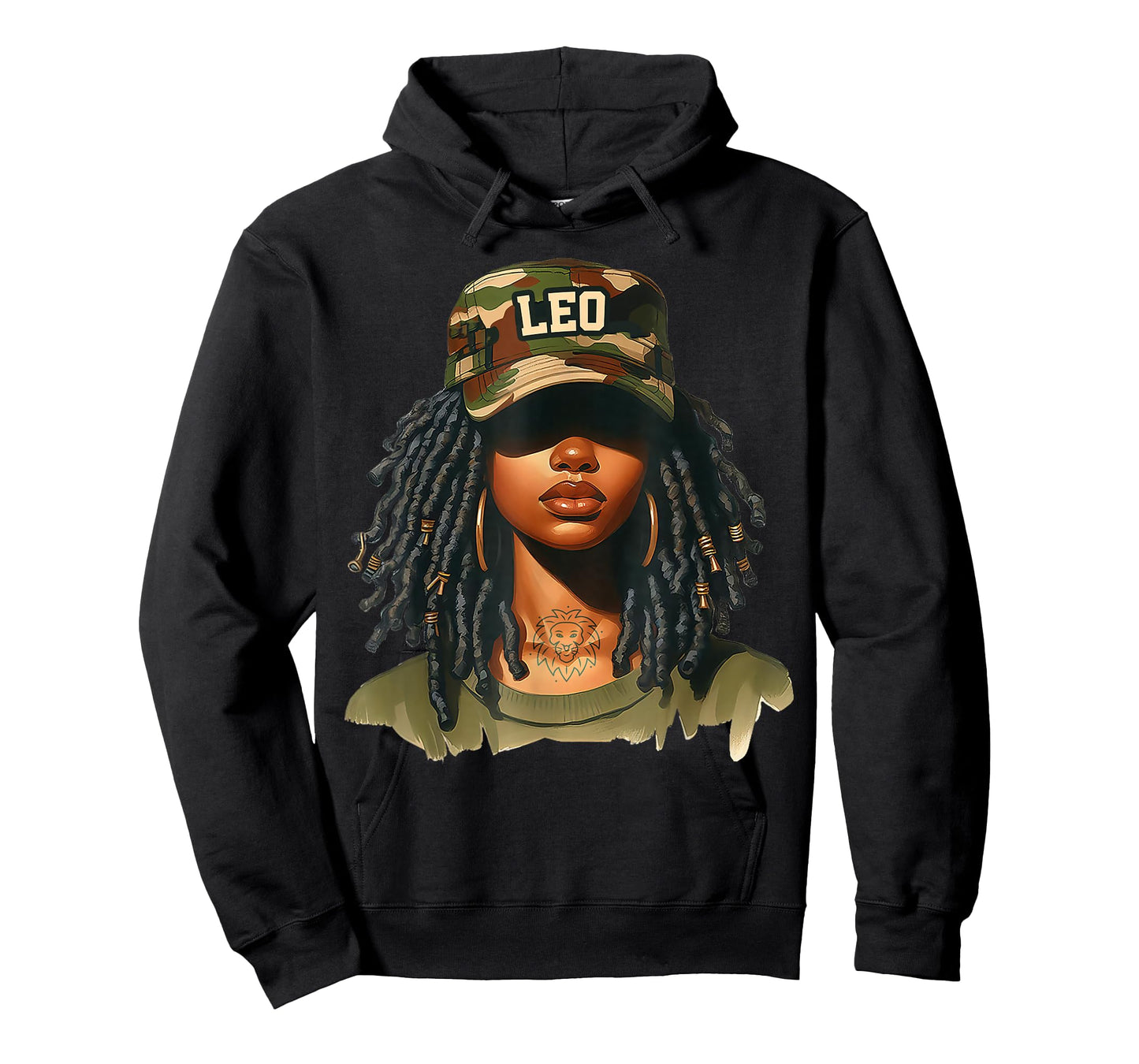 Leo Queen Black Girl with Cap Camo Afro Woman Zodiac T-Shirt