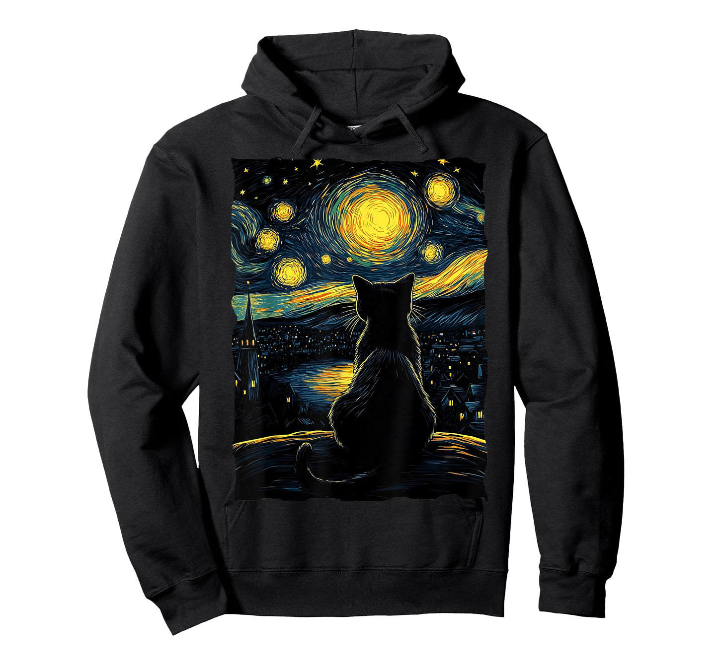 Black Cat Lover Starry Night Vincent van Gogh T-Shirt