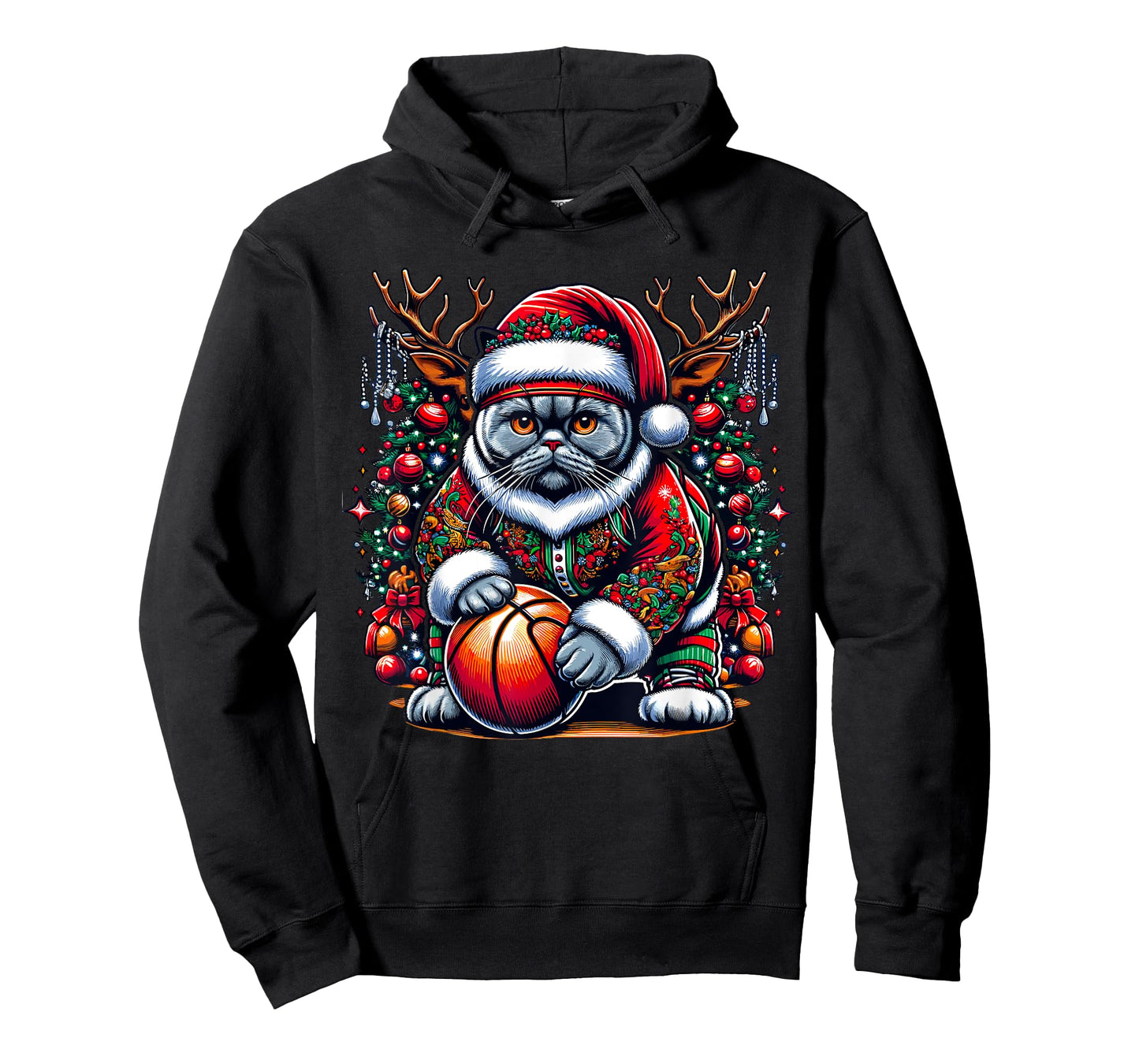 Funny Santa British Shorthair Cat Play Basketball Christmas T-Shirt