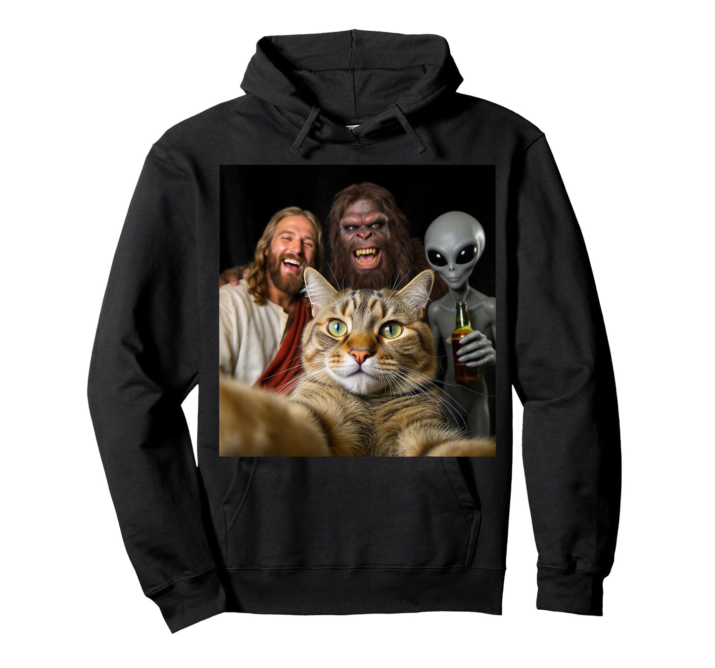 Funny Christmas Cat Selfie Bigfoot an Alien & Jesus Meme T-Shirt