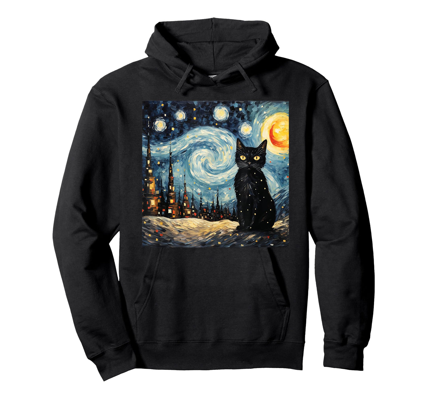 black cat Painting art Starry Night kitty kitten Van Gogh T-Shirt