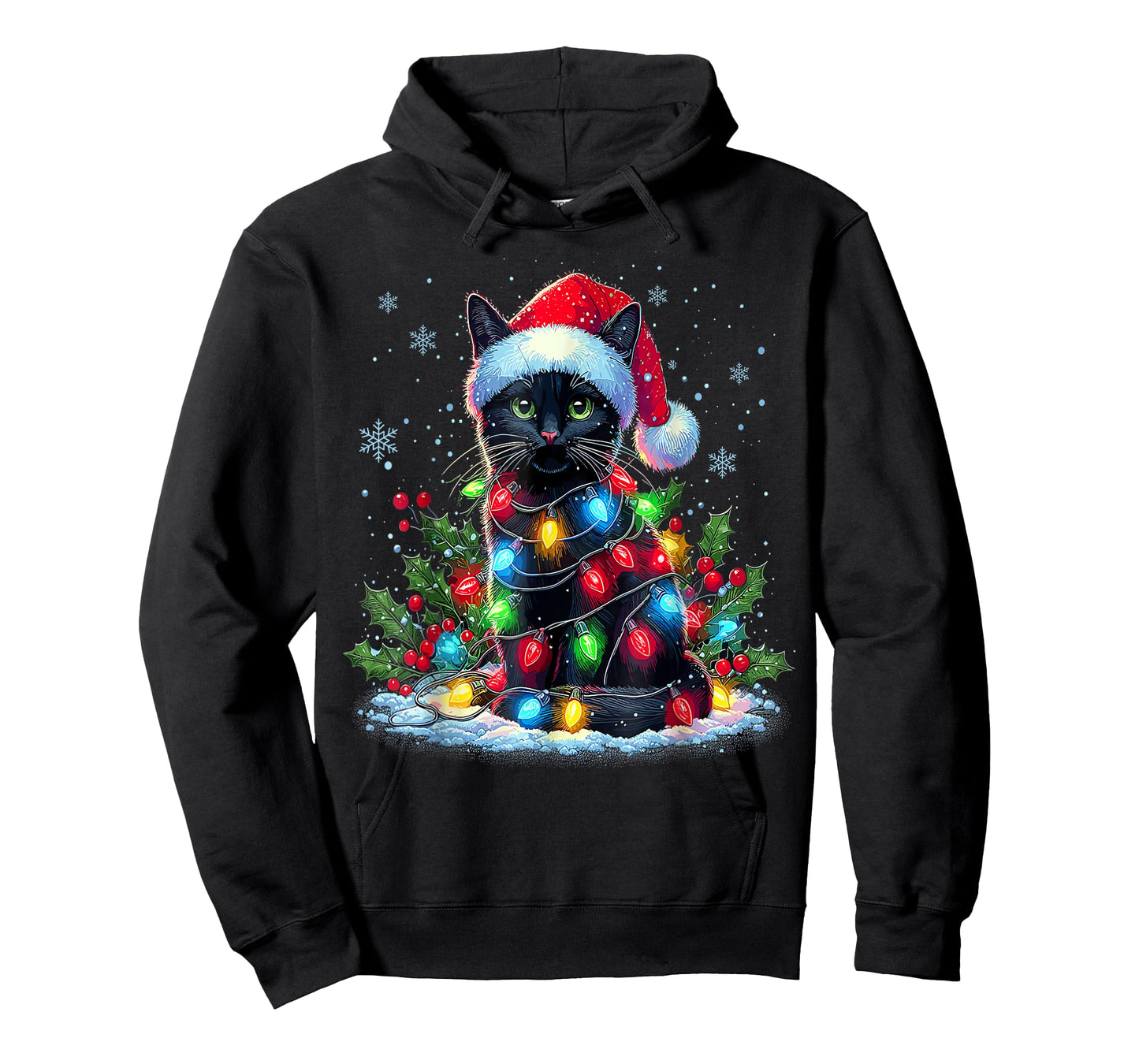 Funny Black Cat Wrapped in Christmas Lights Festive Art T-Shirt
