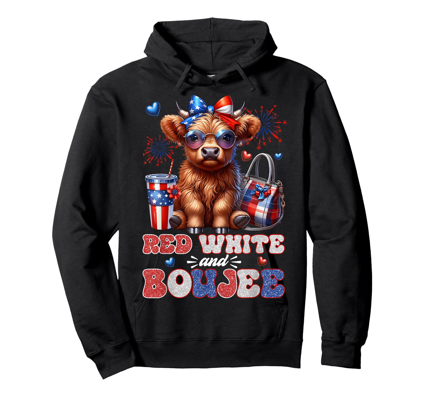 Cute Red White And Boujee Highland Cow 4th Of July Patriotic T-Shirt