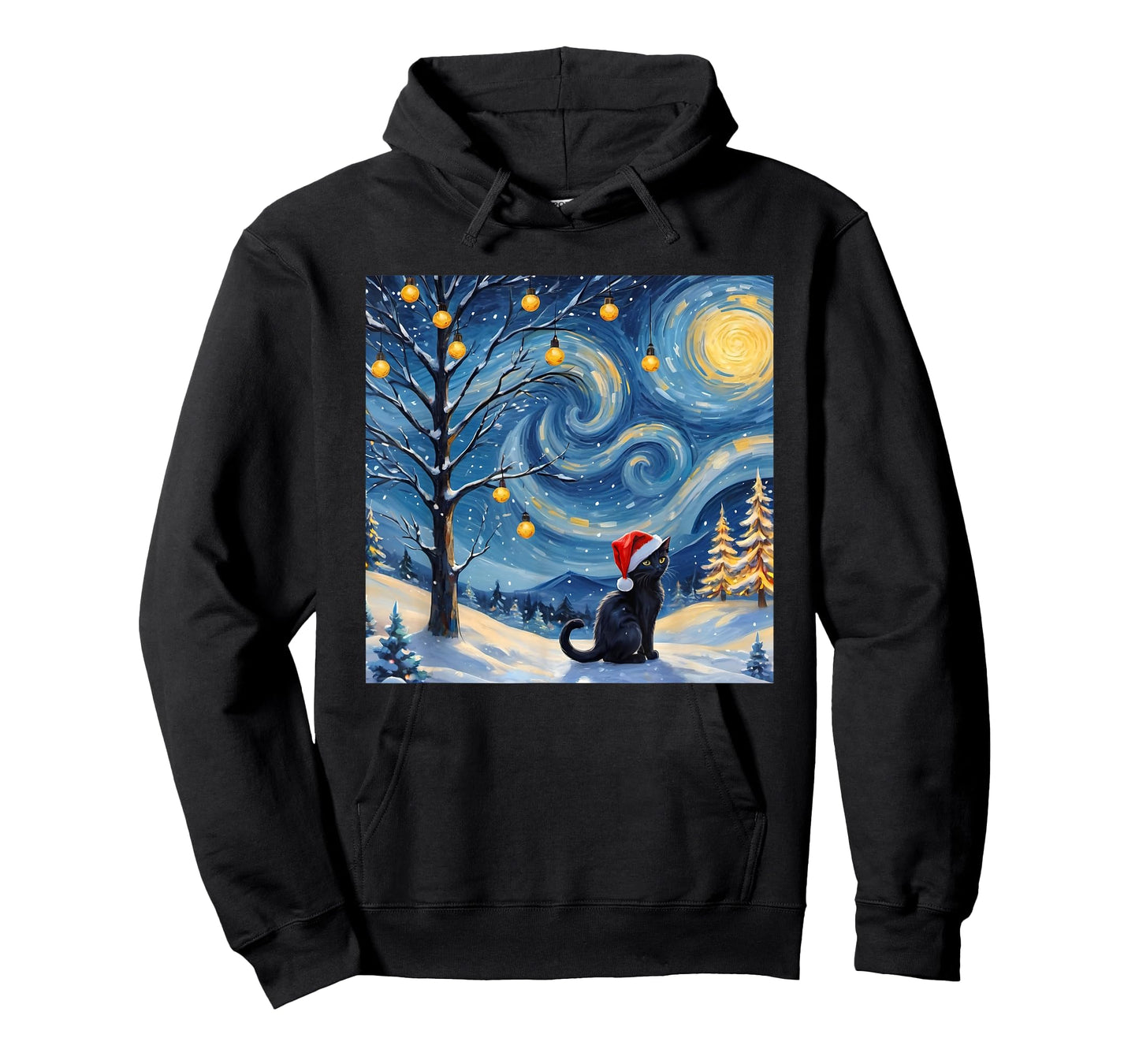 Christmas Van Gogh Starry Night Black Cat Santa Hat Vintage T-Shirt for Men Women Kids