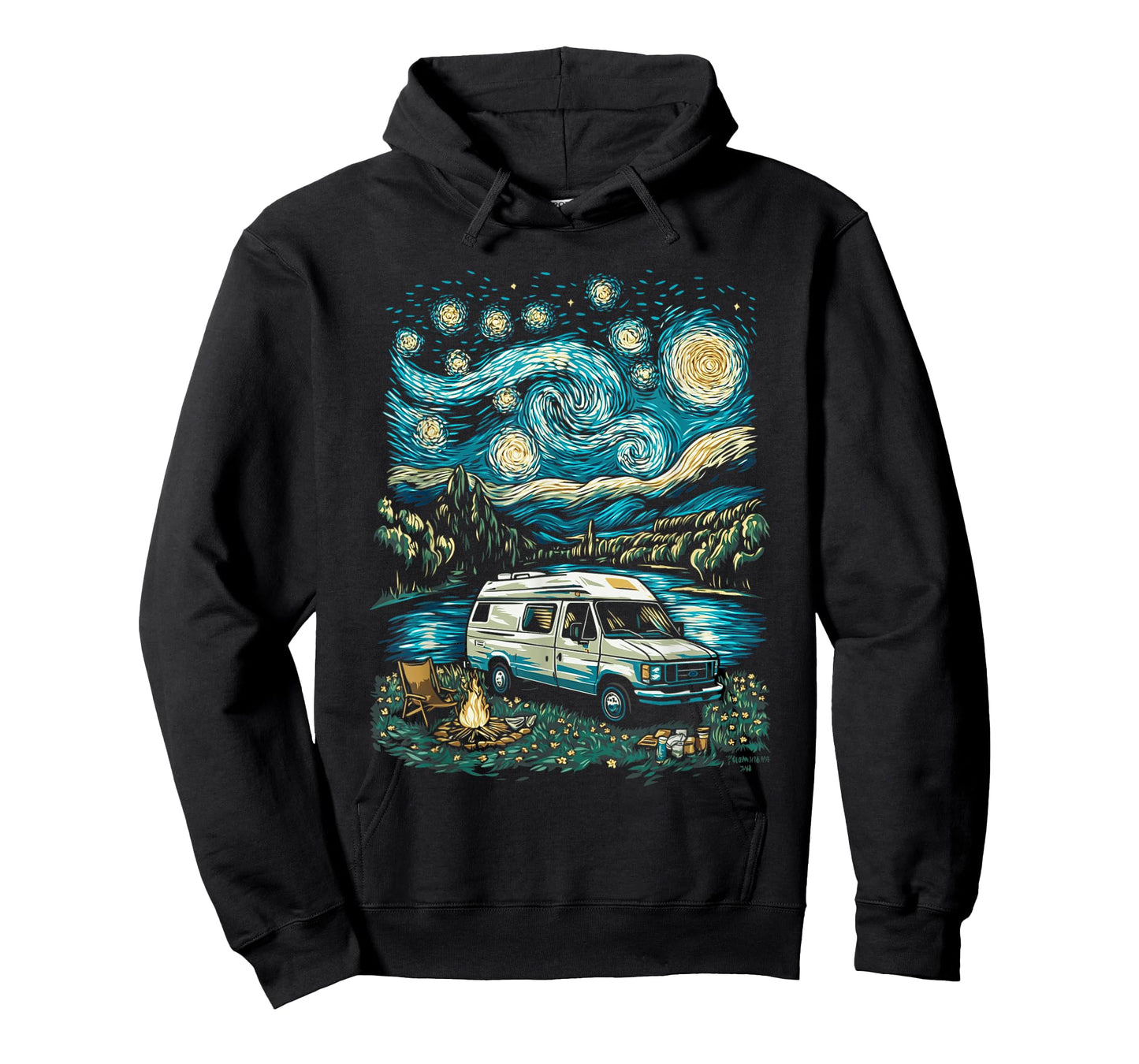 Camper Van Adventure Under Starry Sky Near Flowing River T-Shirt