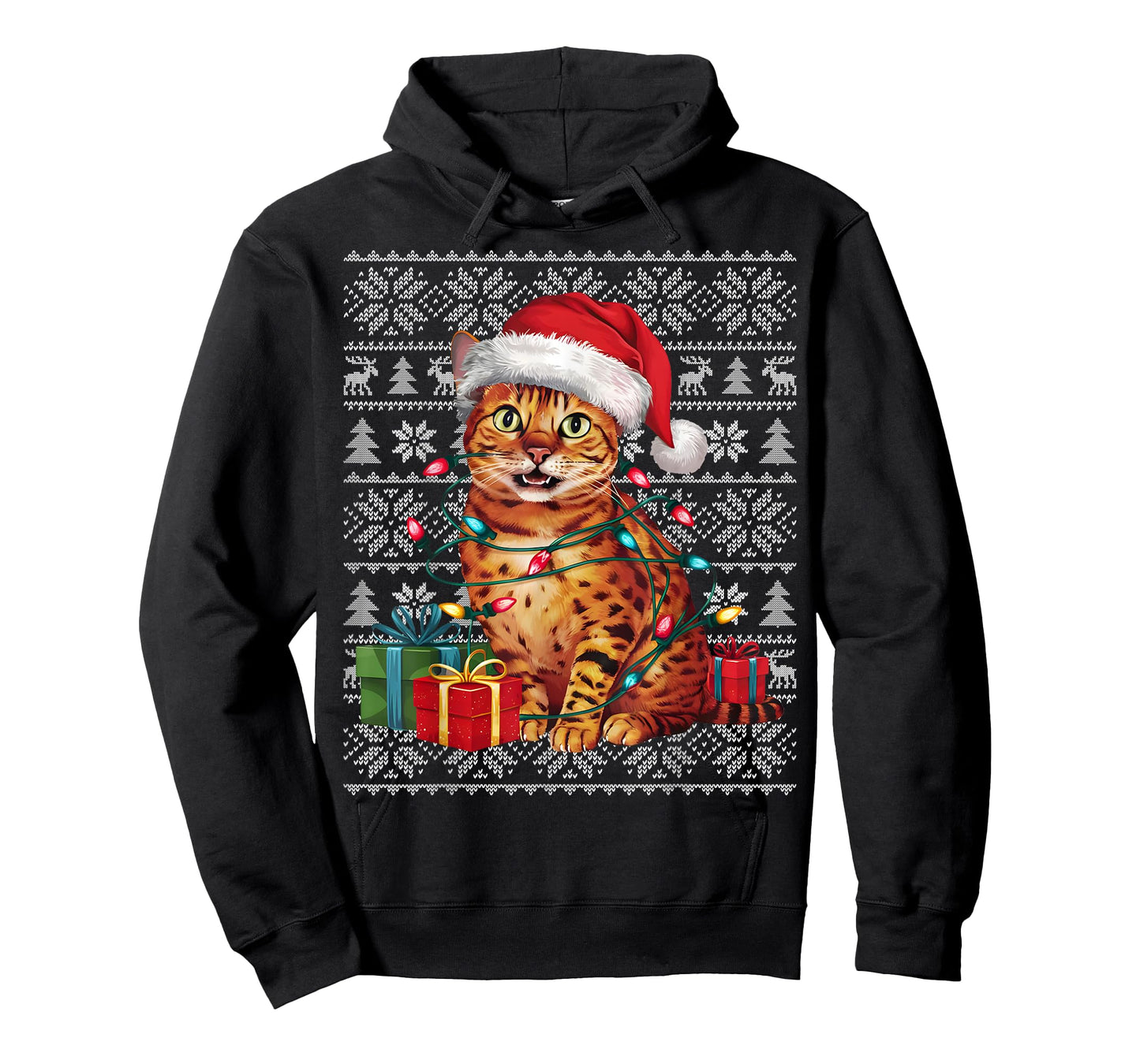 Xmas Sweater Style Ugly Santa Hat Bengal Cat Christmas T-Shirt for Men Women Kids